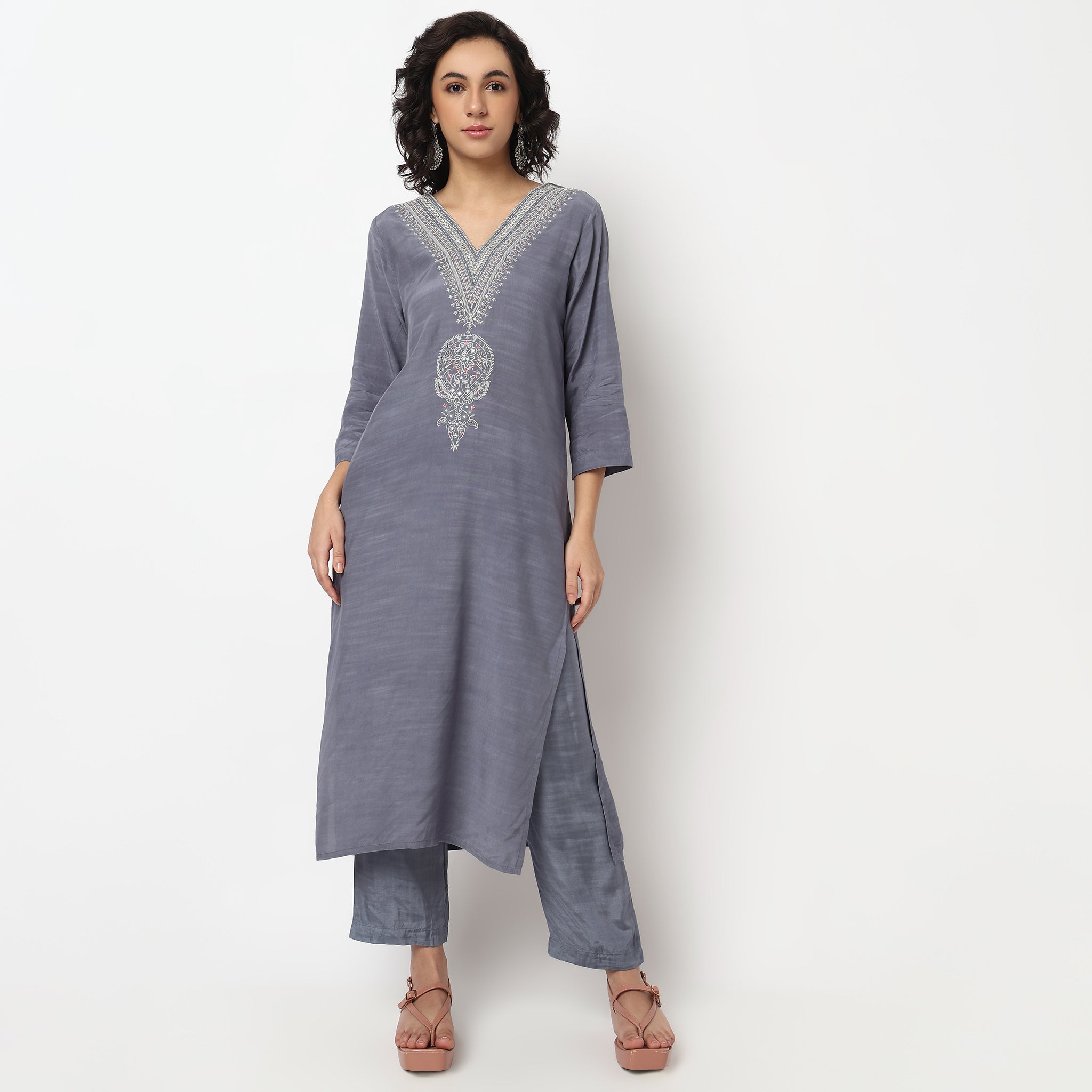 Buy Women Straight Fit Embroidered Three-Fourth Sleeve Kurta and Pant with Dupatta Set  - Style Union