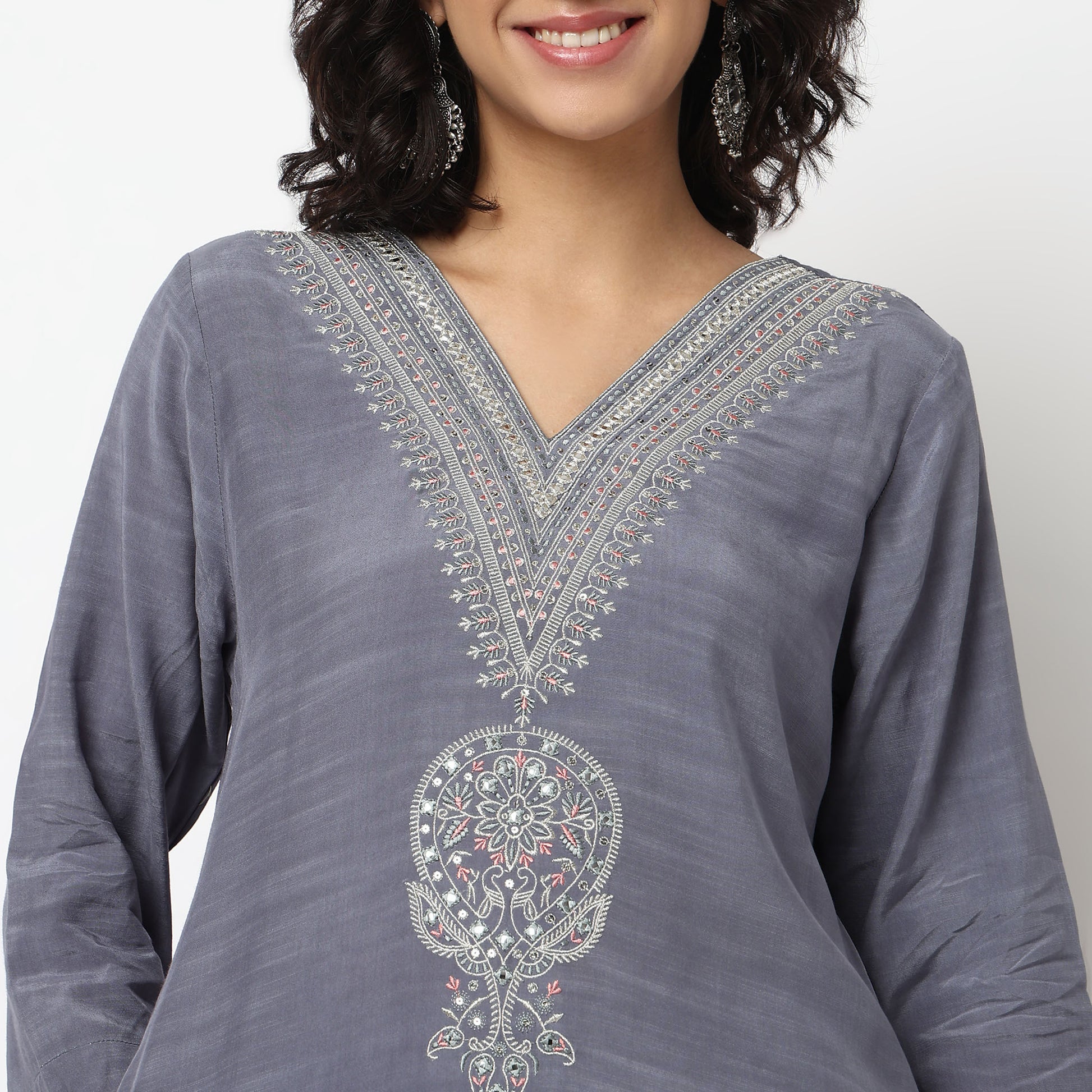 Buy Women Straight Fit Embroidered Three-Fourth Sleeve Kurta and Pant with Dupatta Set  - Style Union