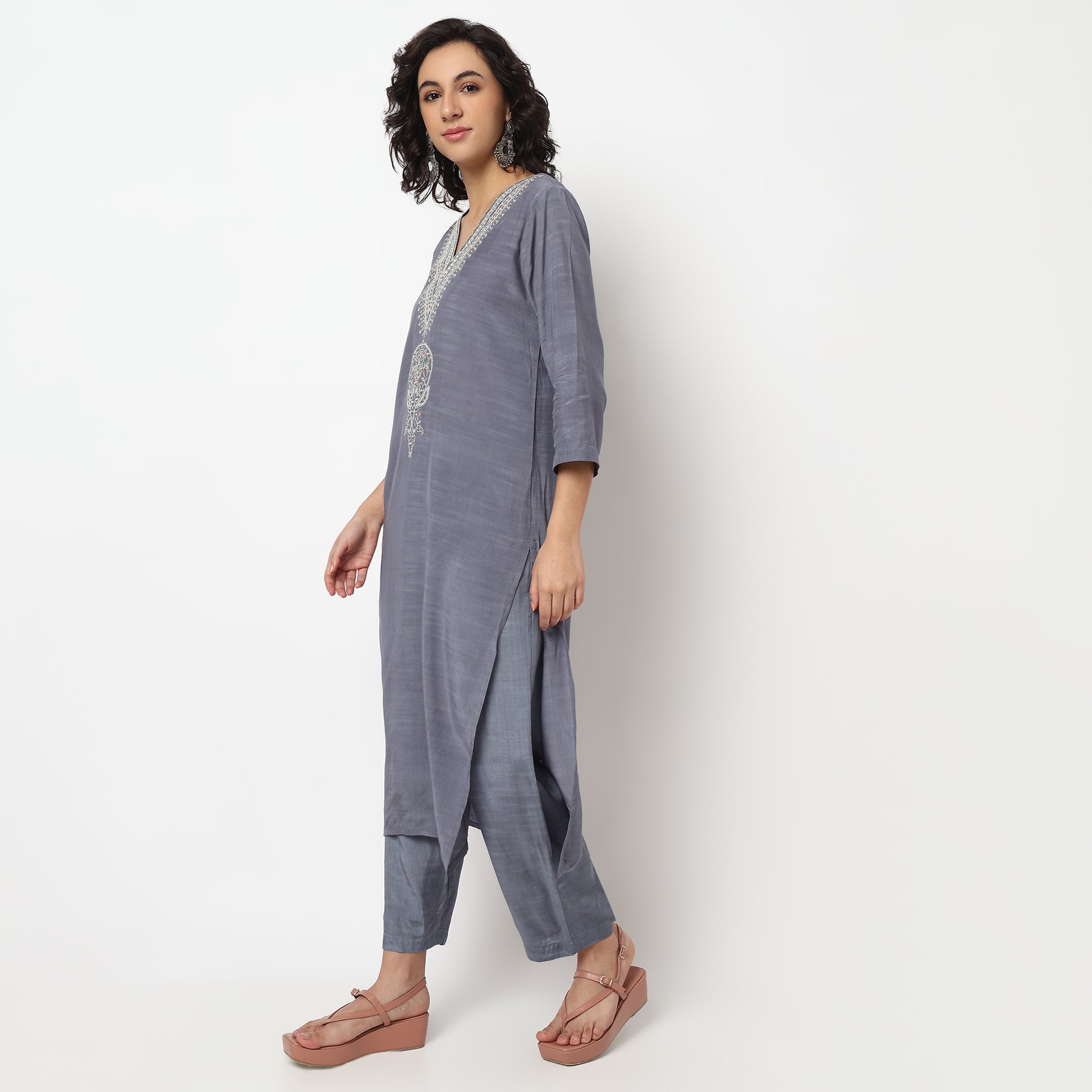 Buy Women Straight Fit Embroidered Three-Fourth Sleeve Kurta and Pant with Dupatta Set  - Style Union