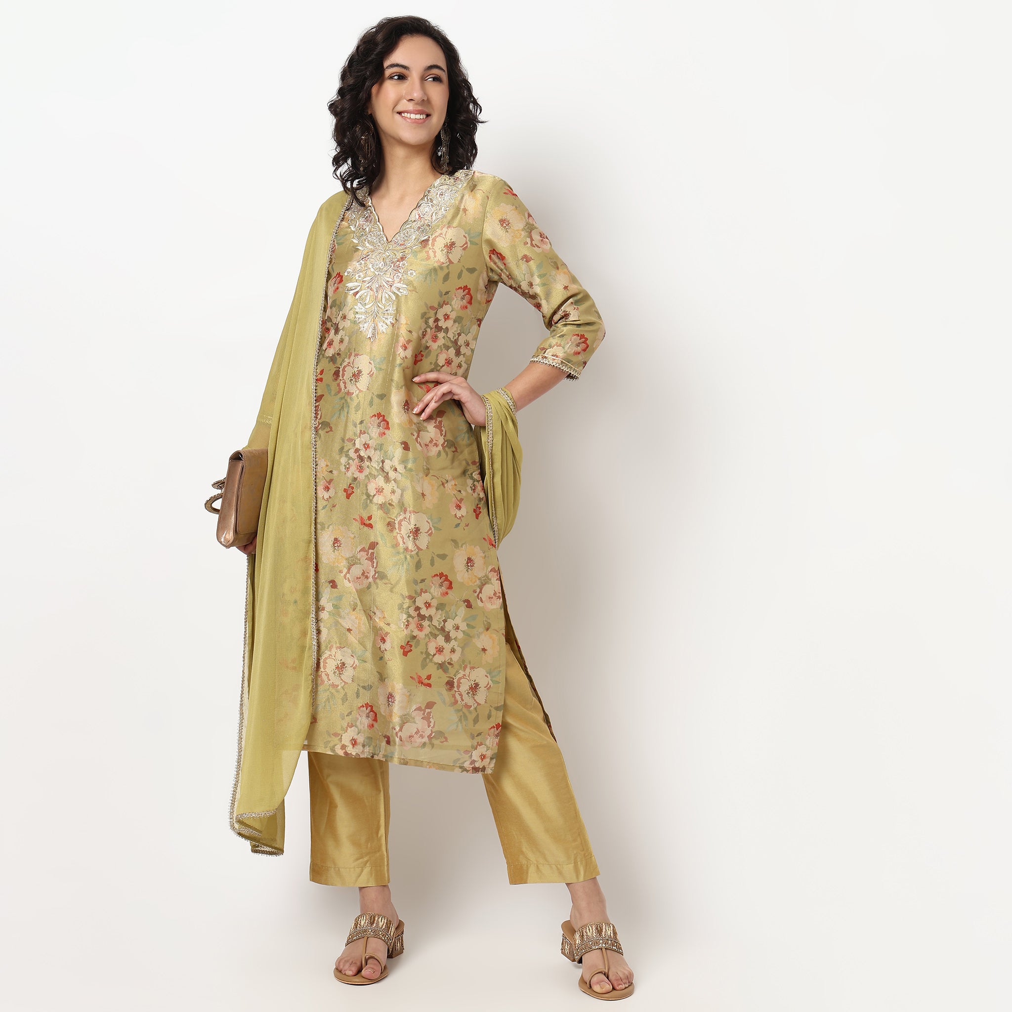 Buy Women Straight Fit Embroidered Three-Fourth Sleeve Kurta with Pant Set  - Style Union
