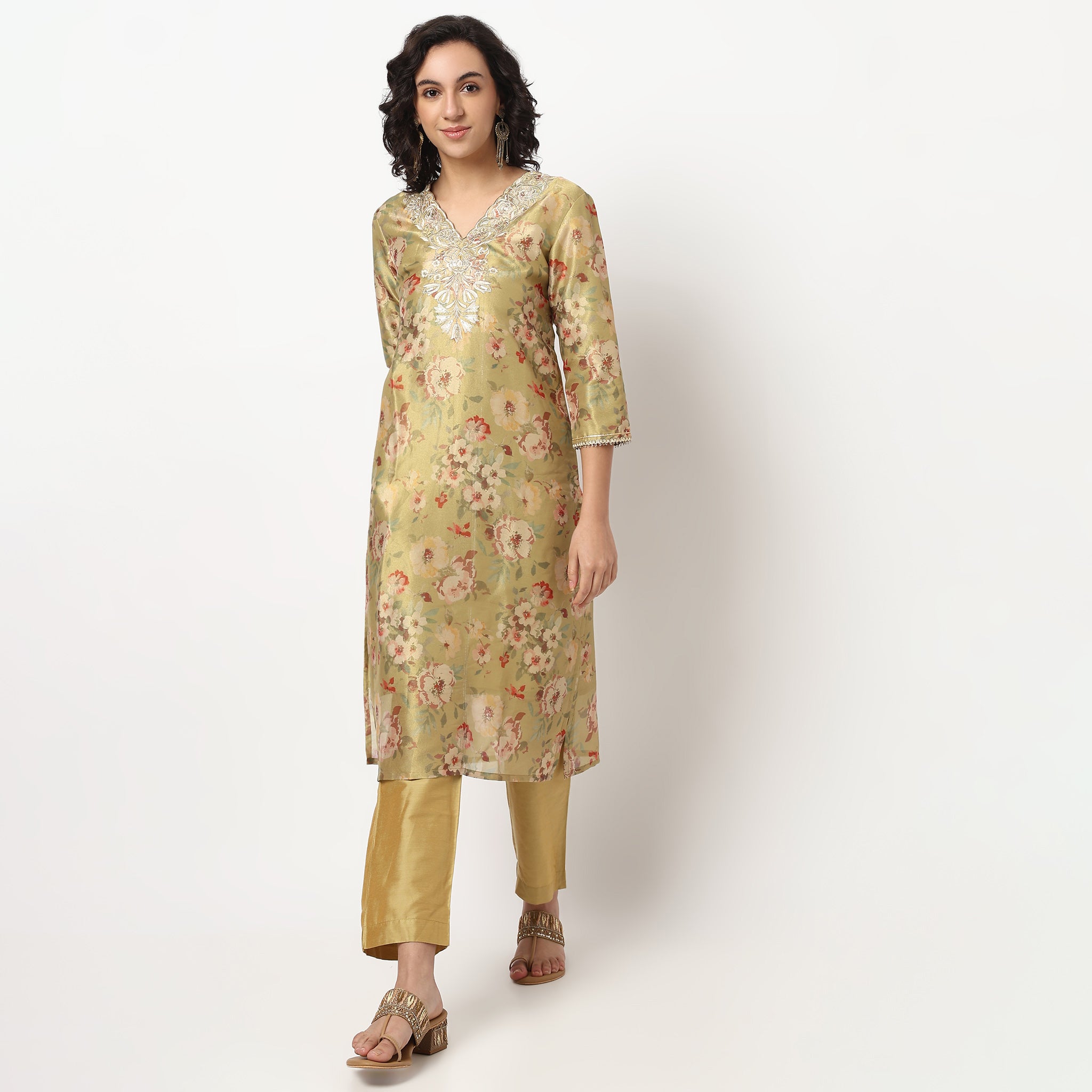 Buy Women Straight Fit Embroidered Three-Fourth Sleeve Kurta with Pant Set  - Style Union