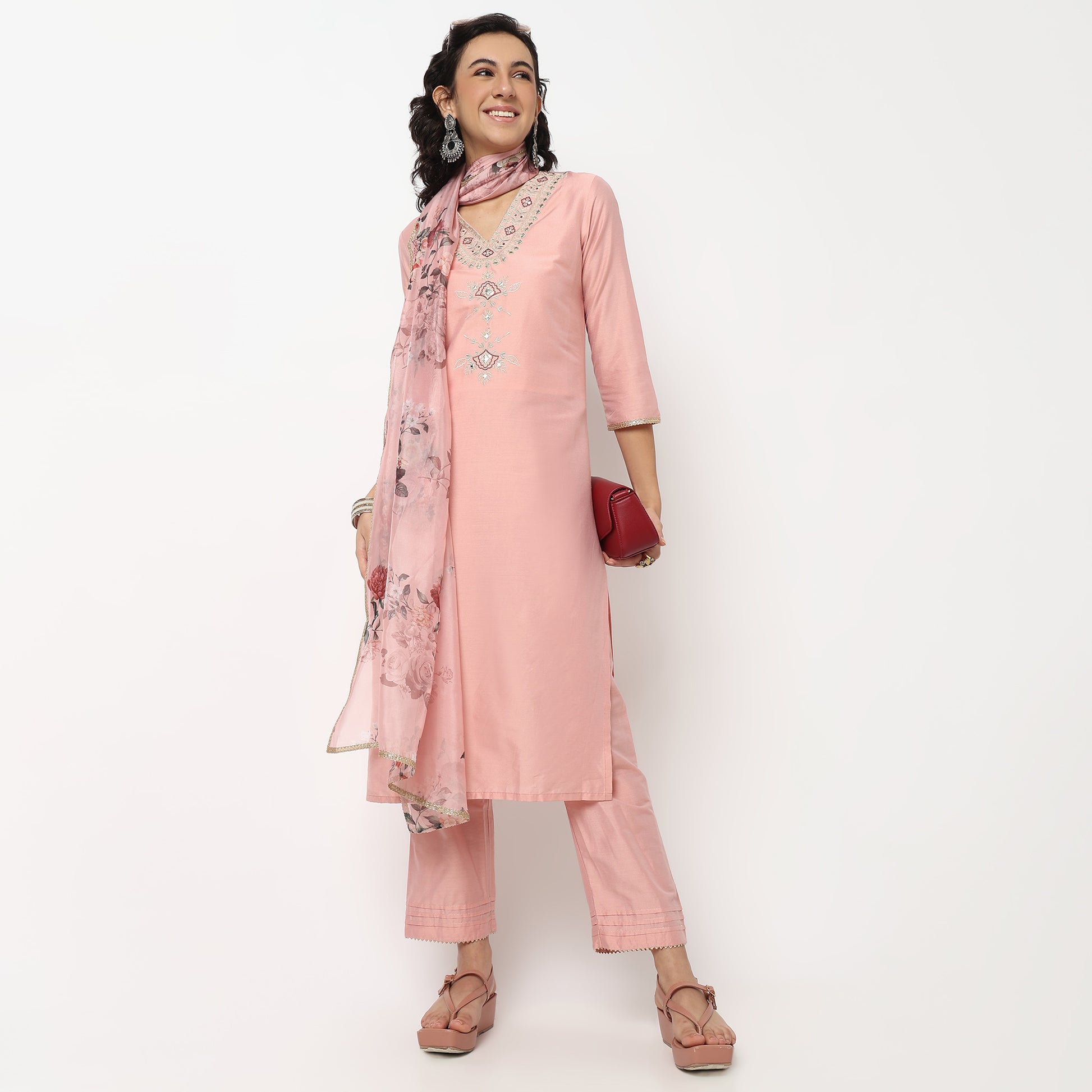 Buy Women Straight Fit Embroidered Three-Fourth Sleeve Kurta and Pant with Dupatta Set  - Style Union