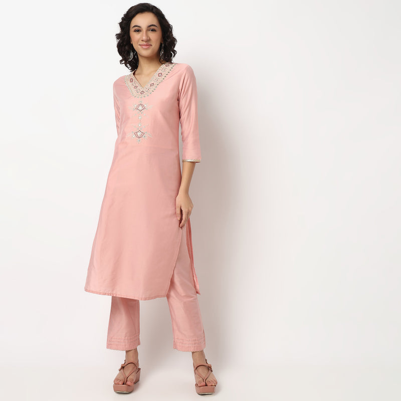 Buy Women Straight Fit Embroidered Three-Fourth Sleeve Kurta and Pant with Dupatta Set  - Style Union