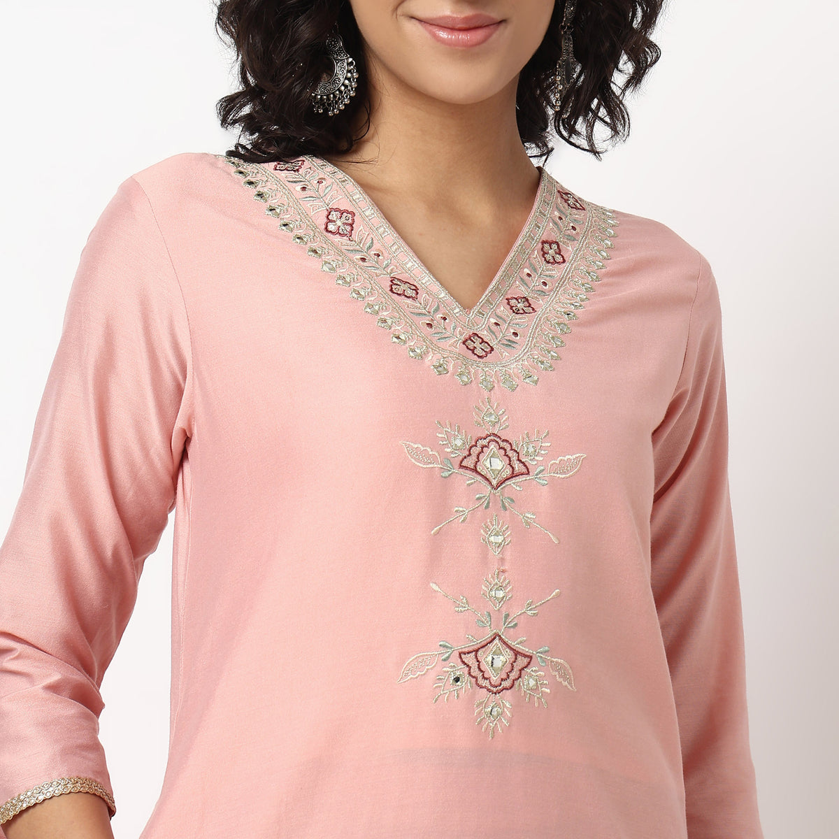 Buy Women Straight Fit Embroidered Three-Fourth Sleeve Kurta and Pant with Dupatta Set  - Style Union