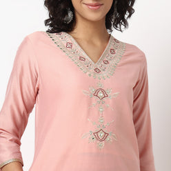 Buy Women Straight Fit Embroidered Three-Fourth Sleeve Kurta and Pant with Dupatta Set  - Style Union