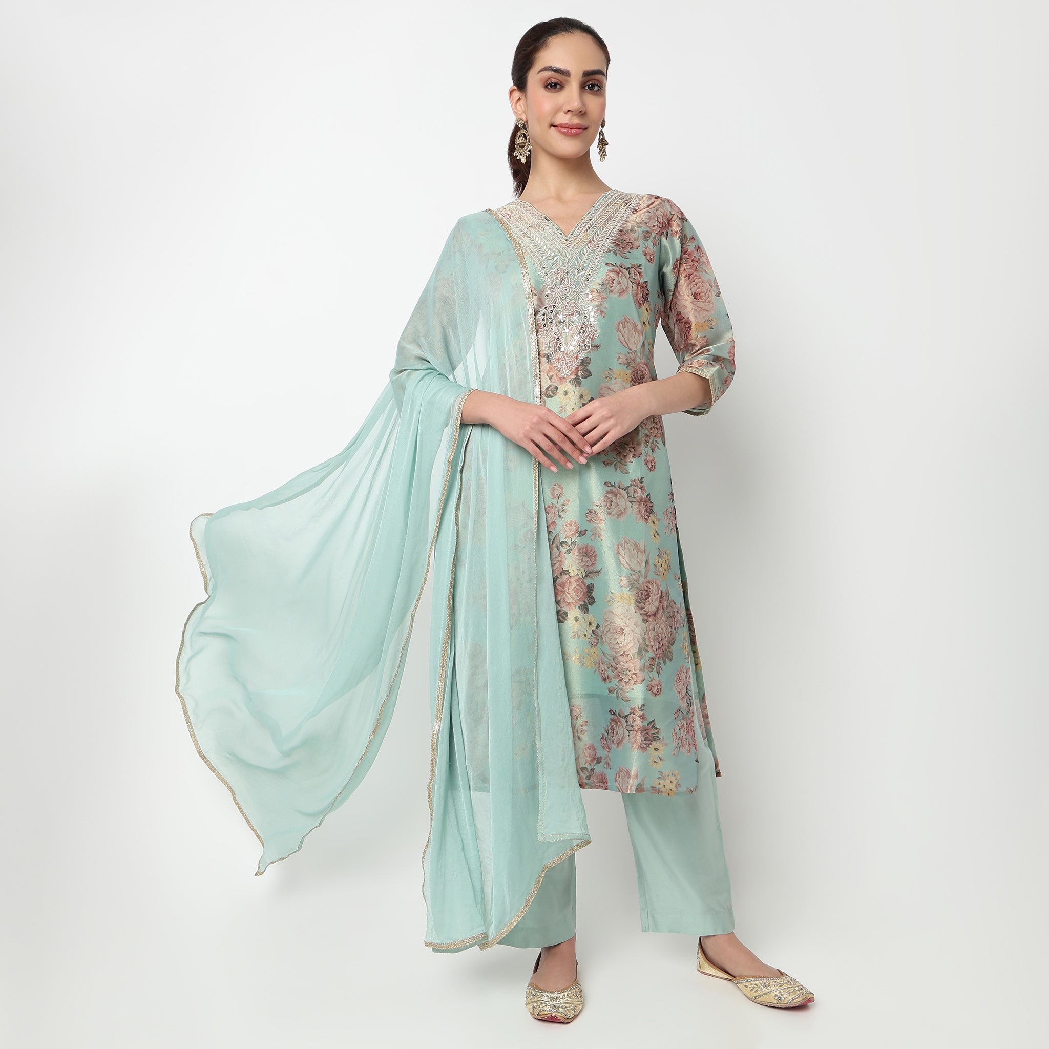 V-Neck Embroidered Kurta with Pant & with Dupatta Set