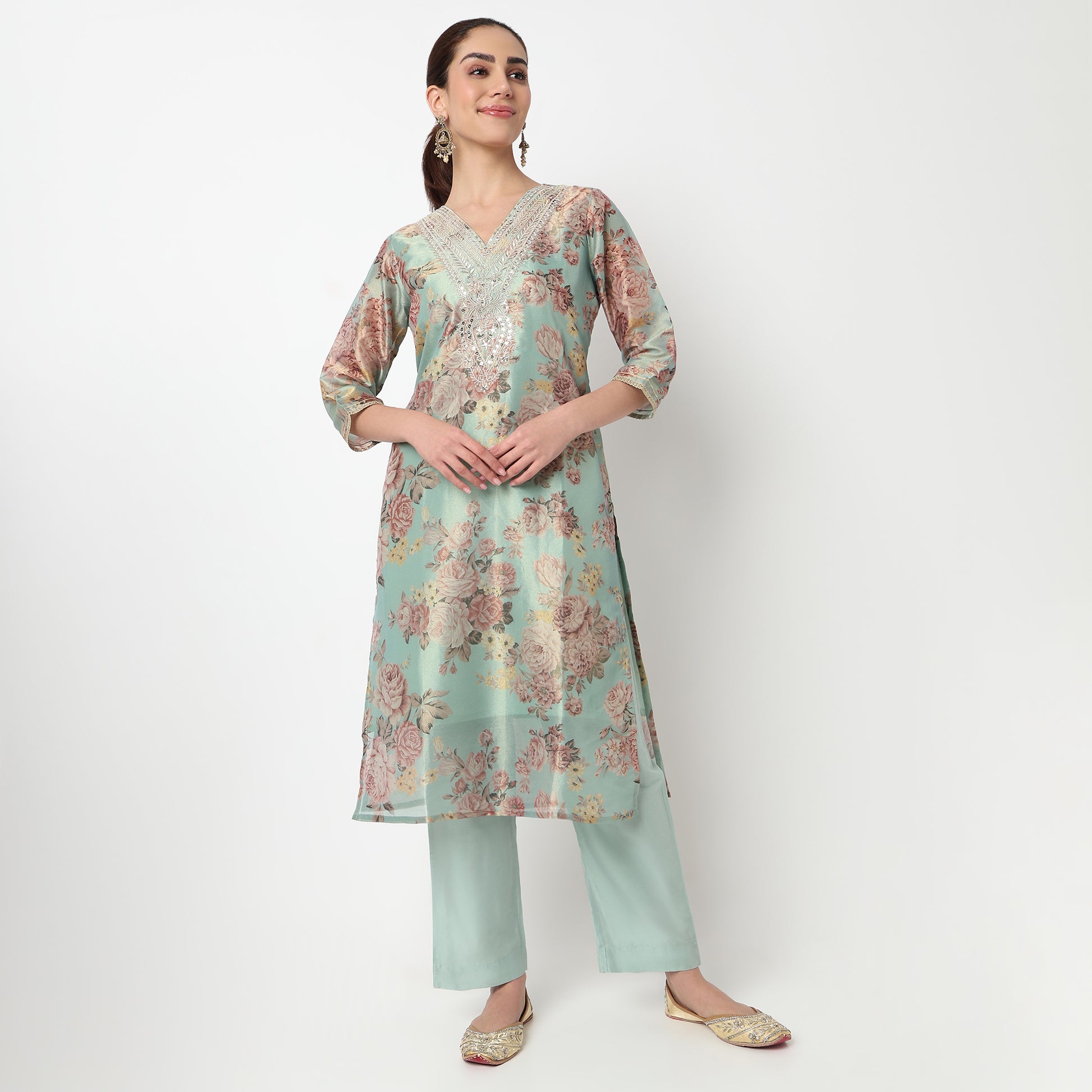 V-Neck Embroidered Kurta with Pant & with Dupatta Set