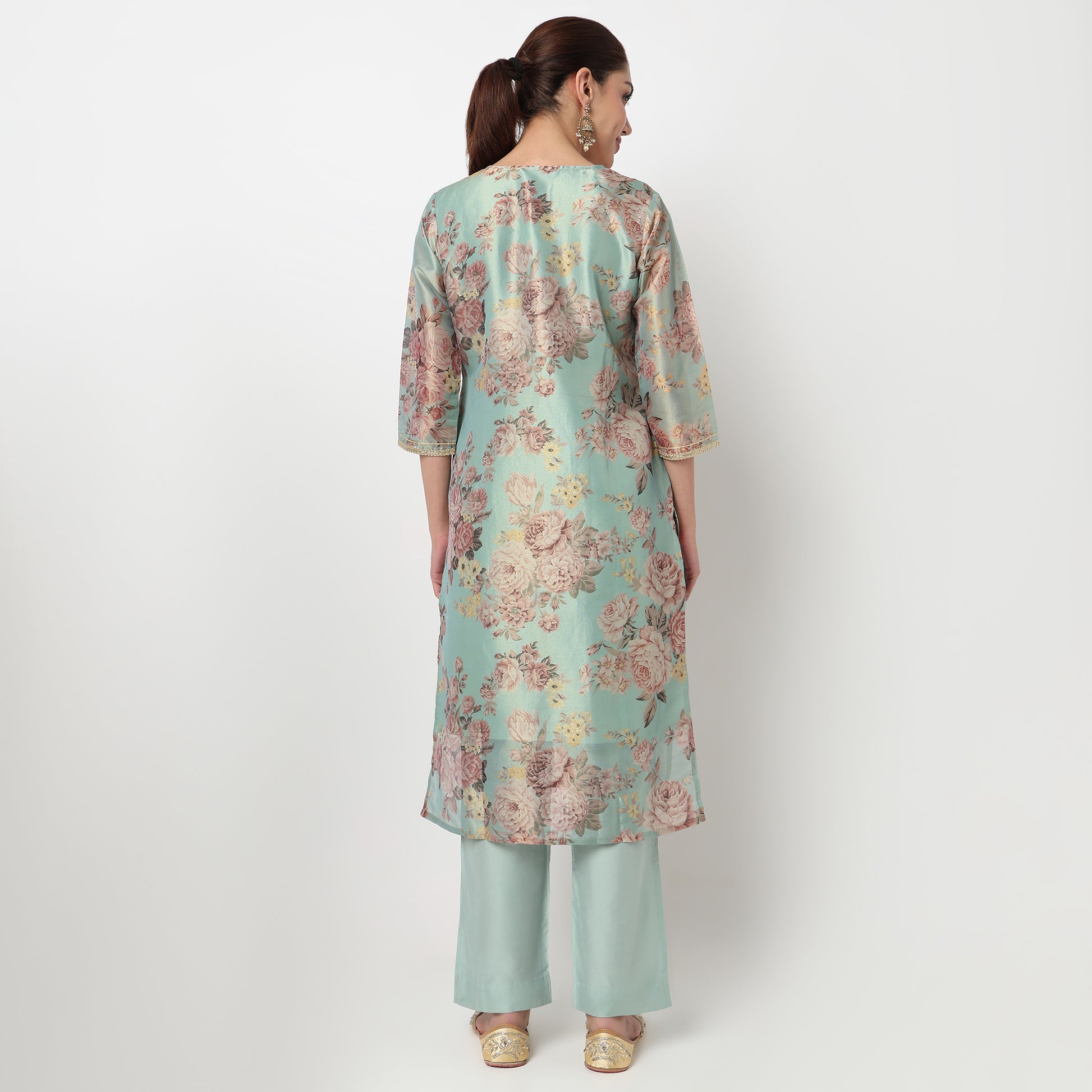 V-Neck Embroidered Kurta with Pant & with Dupatta Set