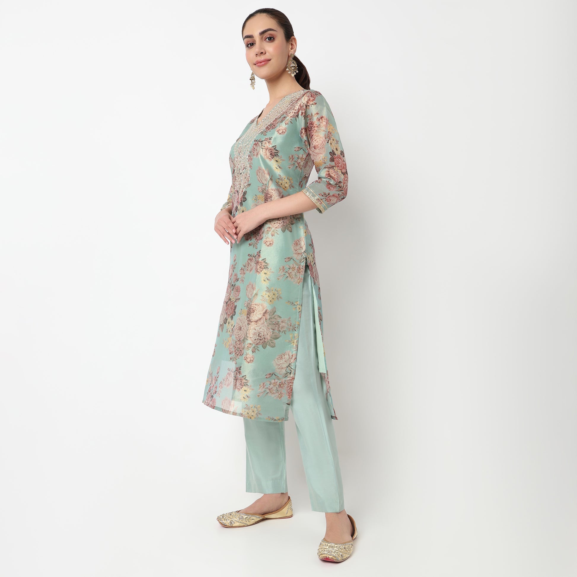 V-Neck Embroidered Kurta with Pant & with Dupatta Set