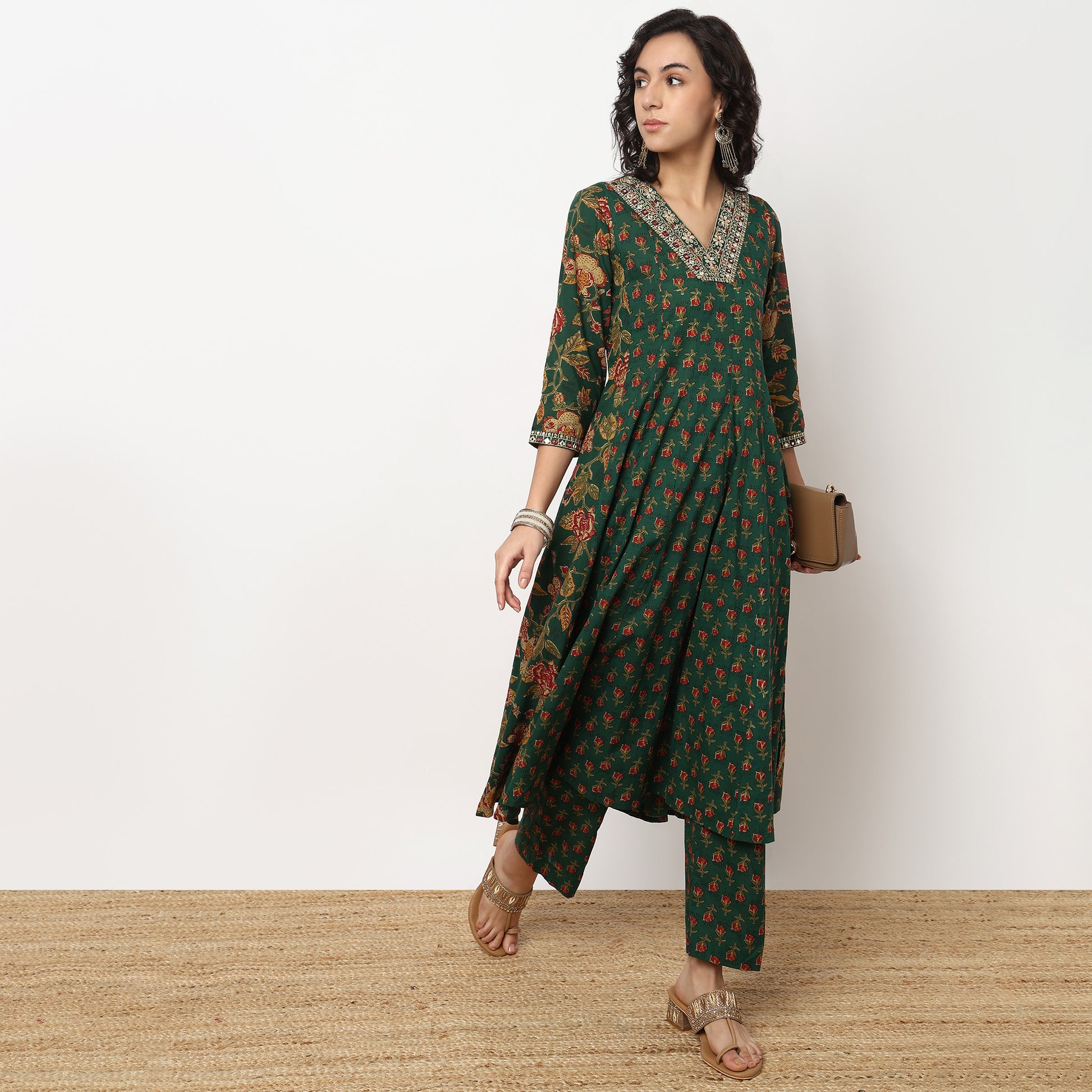 Buy Women Flare Fit Printed Three-Fourth Sleeve Kurta and Pant with Dupatta Set  - Style Union