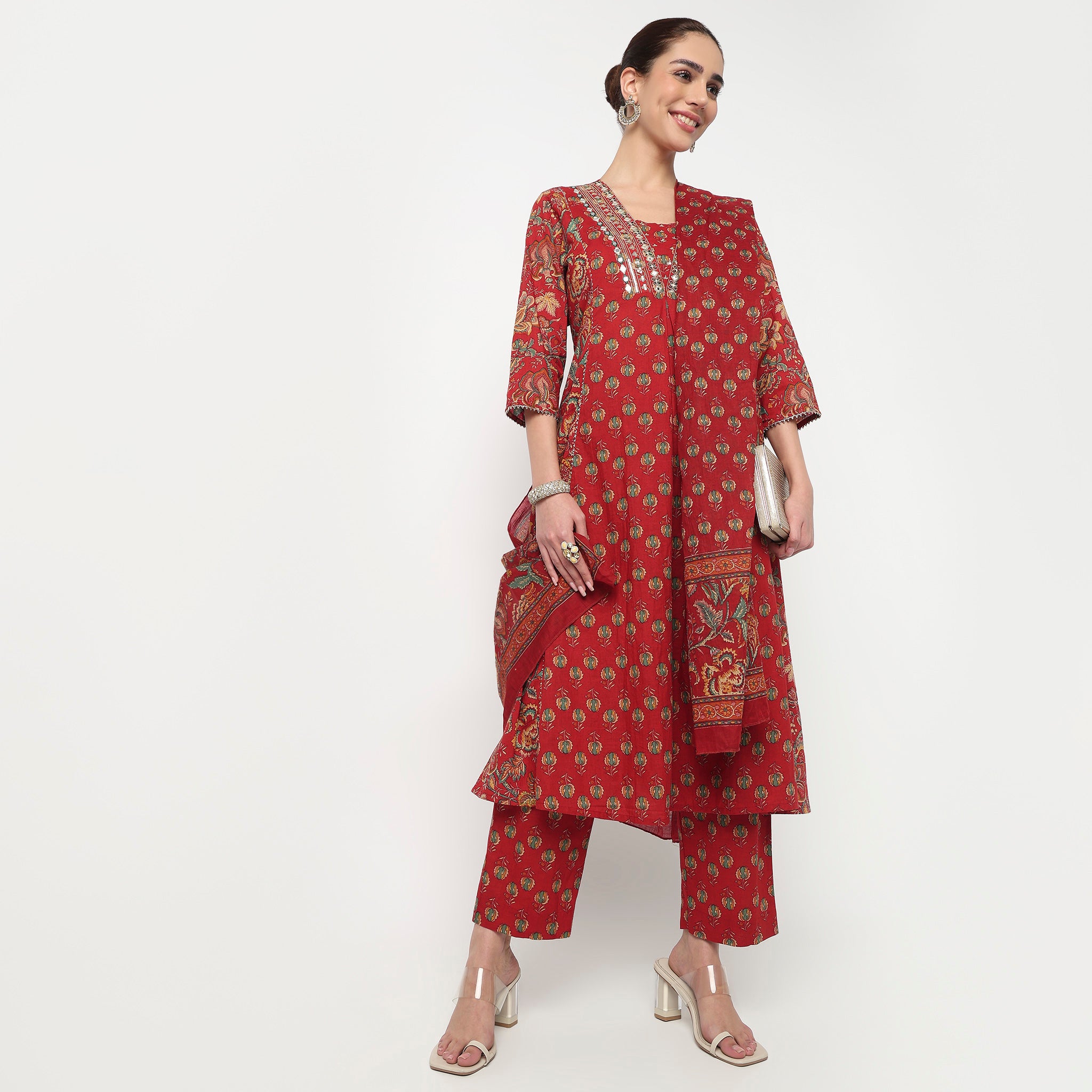 Cotton Printed V-Neck Kurta with Pant & with Dupatta Set