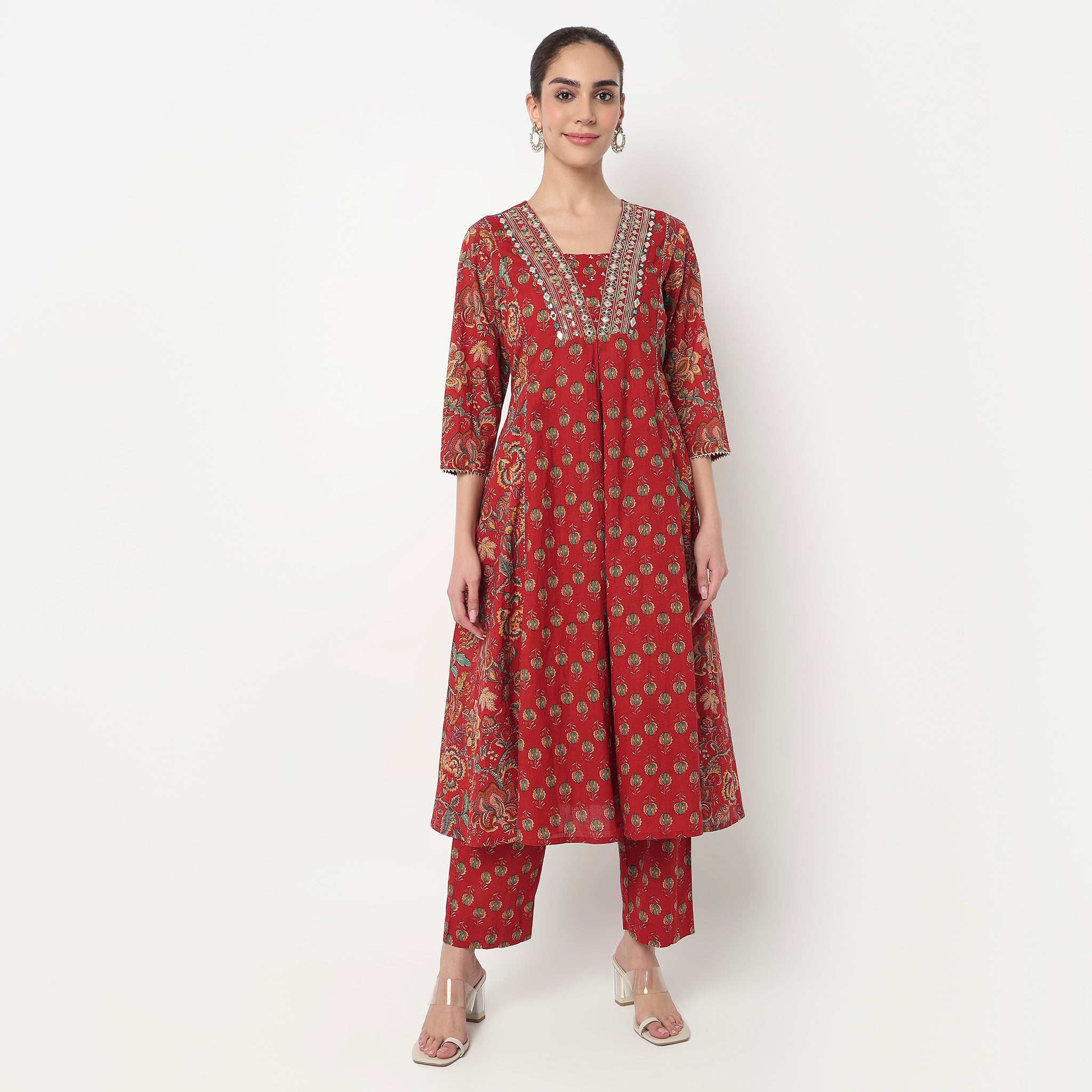 Cotton Printed V-Neck Kurta with Pant & with Dupatta Set