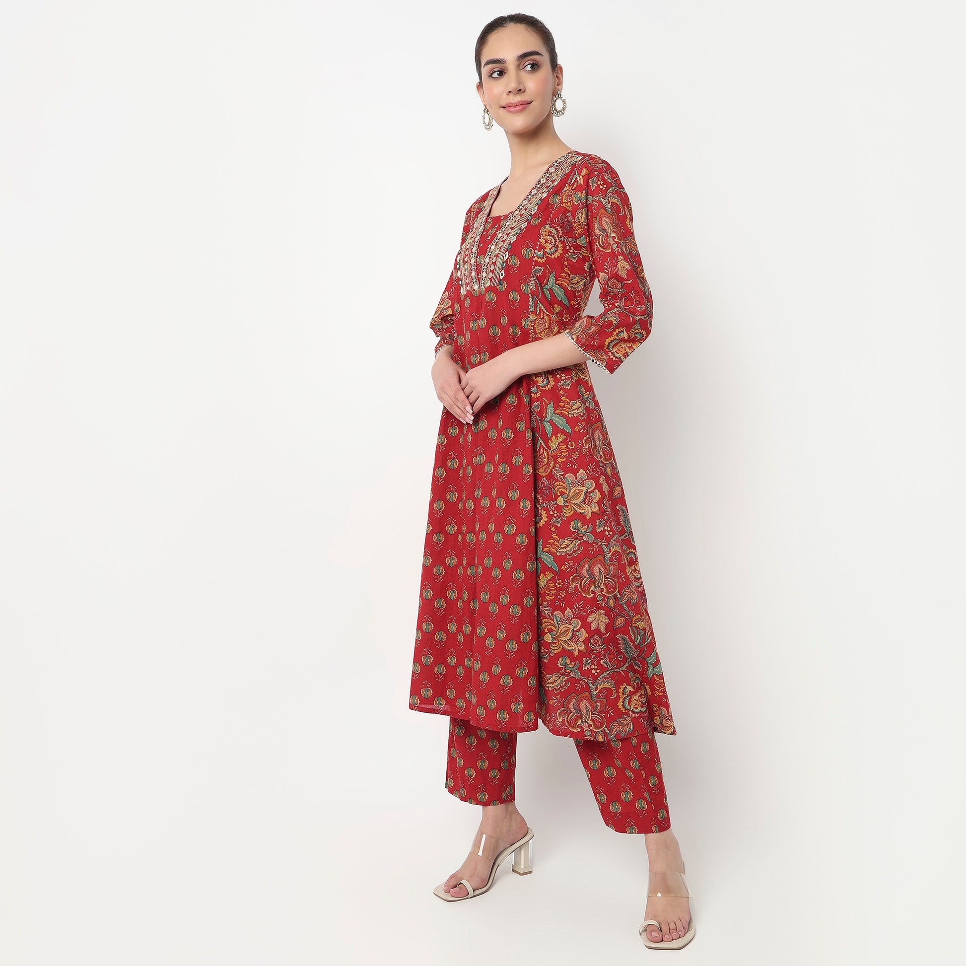 Cotton Printed V-Neck Kurta with Pant & with Dupatta Set