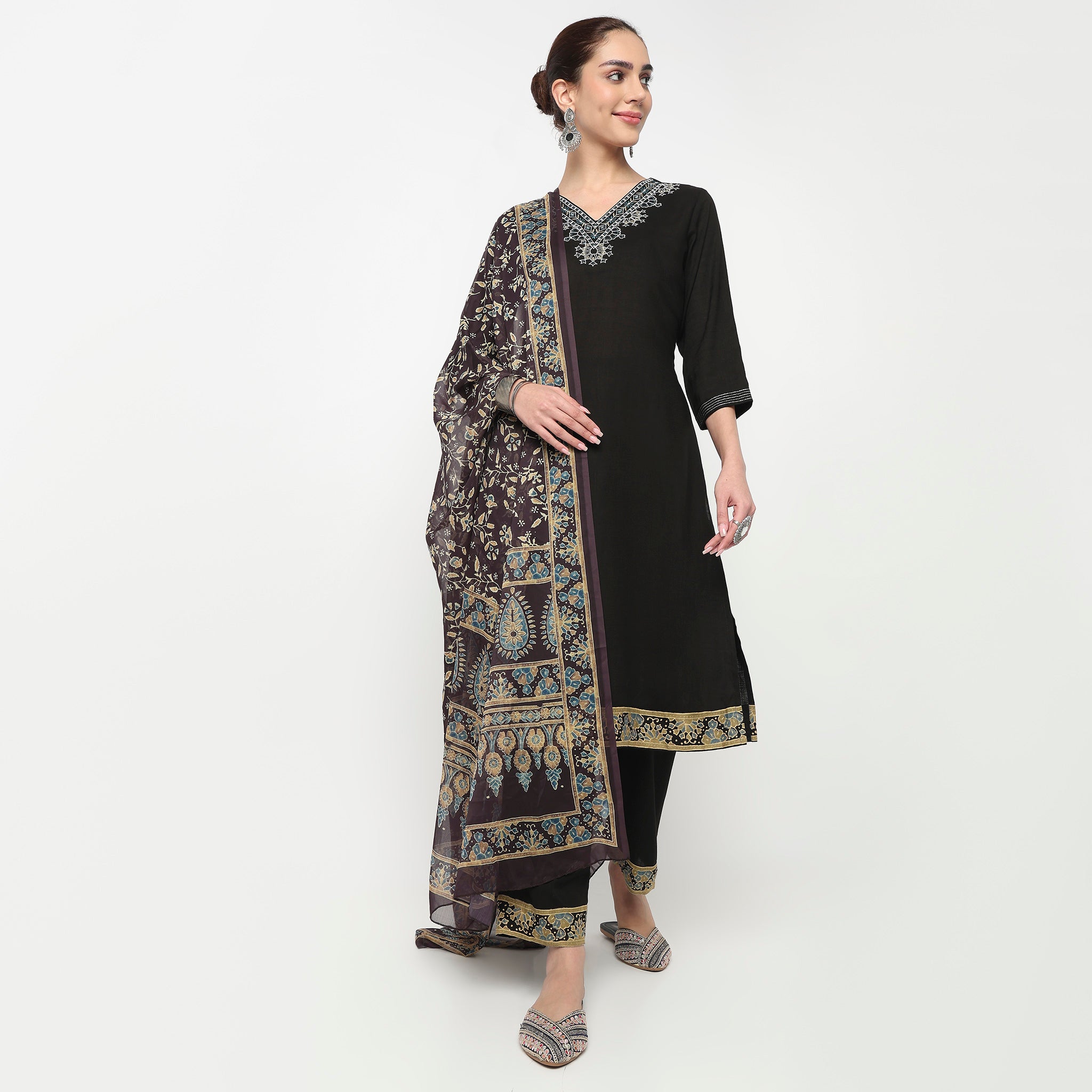 V-Neck Embroidered Straight Kurta with Pant & with Dupatta Set