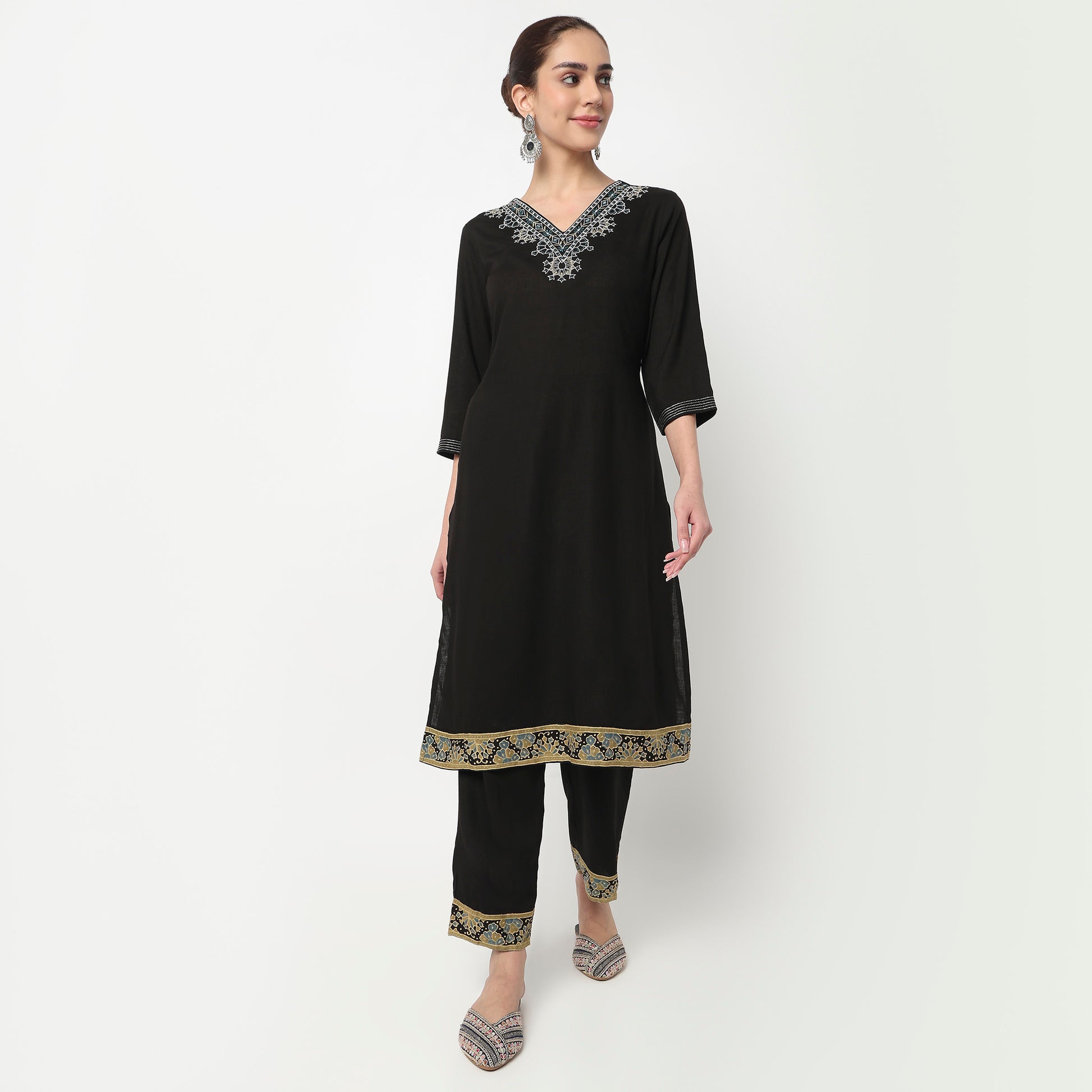 V-Neck Embroidered Straight Kurta with Pant & with Dupatta Set