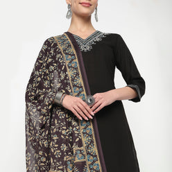 V-Neck Embroidered Straight Kurta with Pant & with Dupatta Set