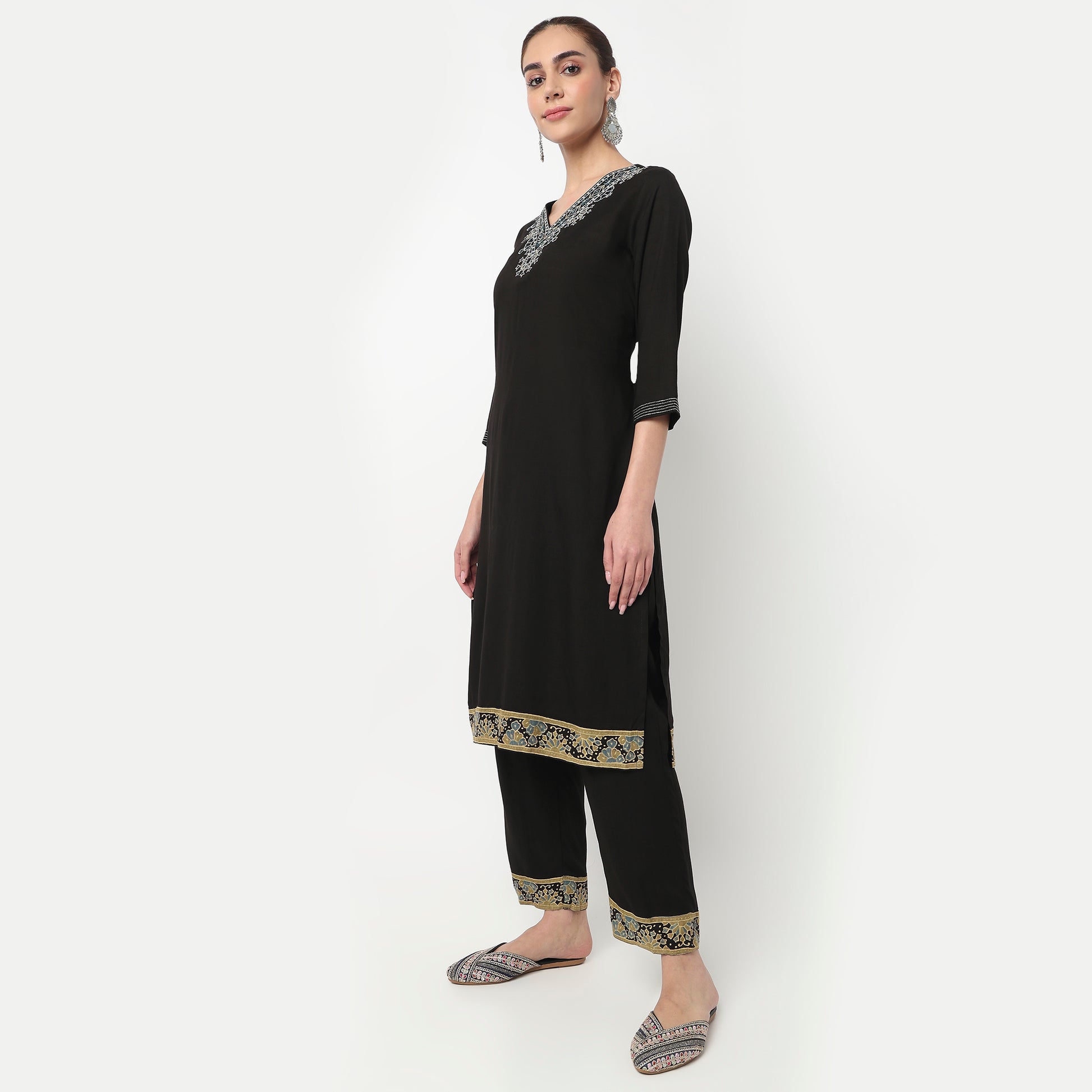 V-Neck Embroidered Straight Kurta with Pant & with Dupatta Set