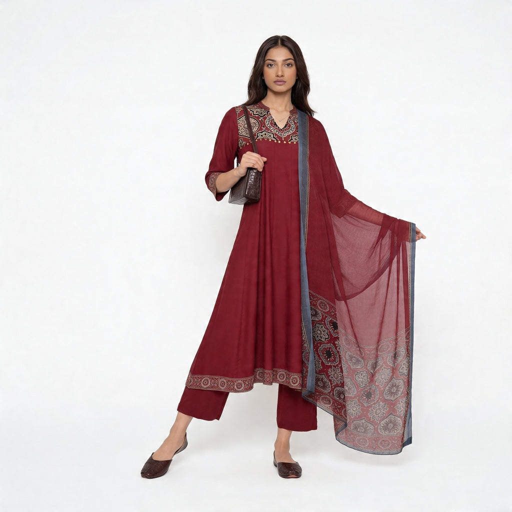 V-Neck Printed Kalidar Kurta with Pant and Dupatta Set