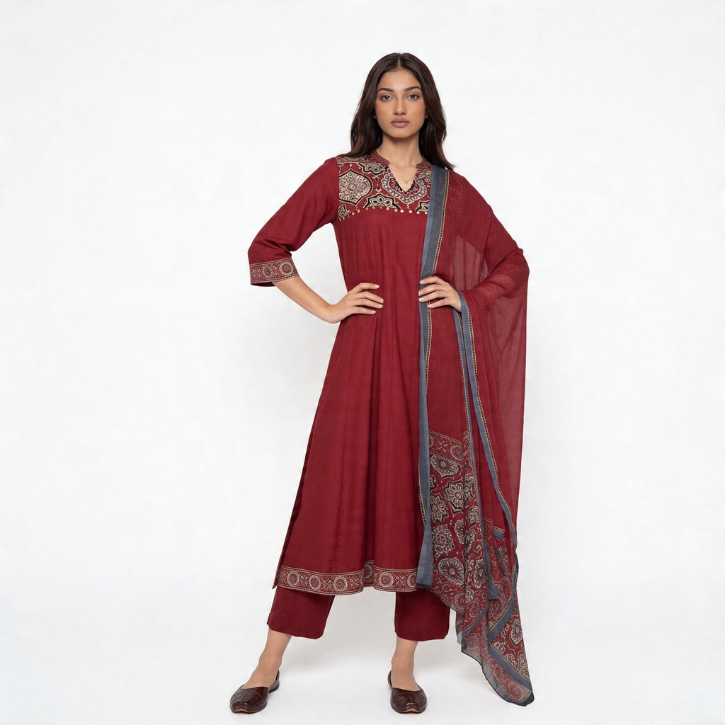 V-Neck Printed Kalidar Kurta with Pant and Dupatta Set
