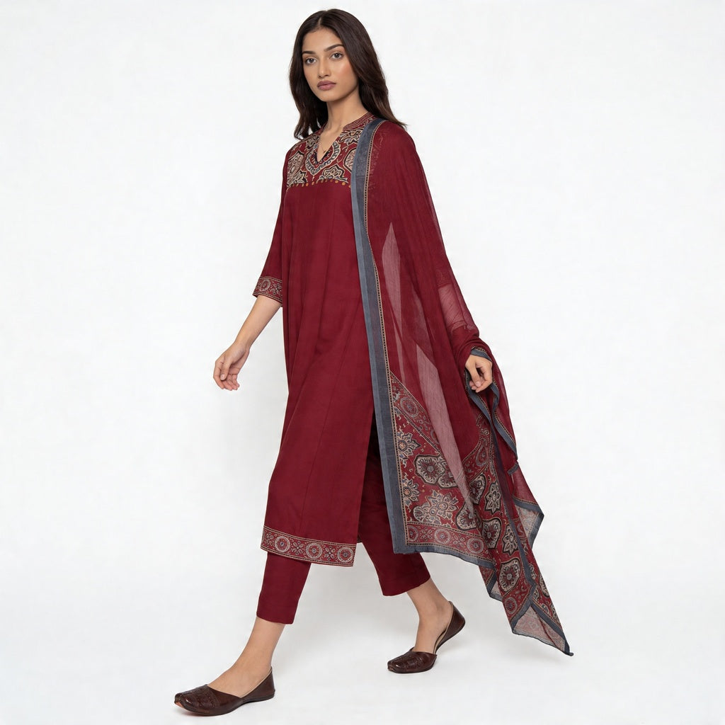 V-Neck Printed Kalidar Kurta with Pant and Dupatta Set