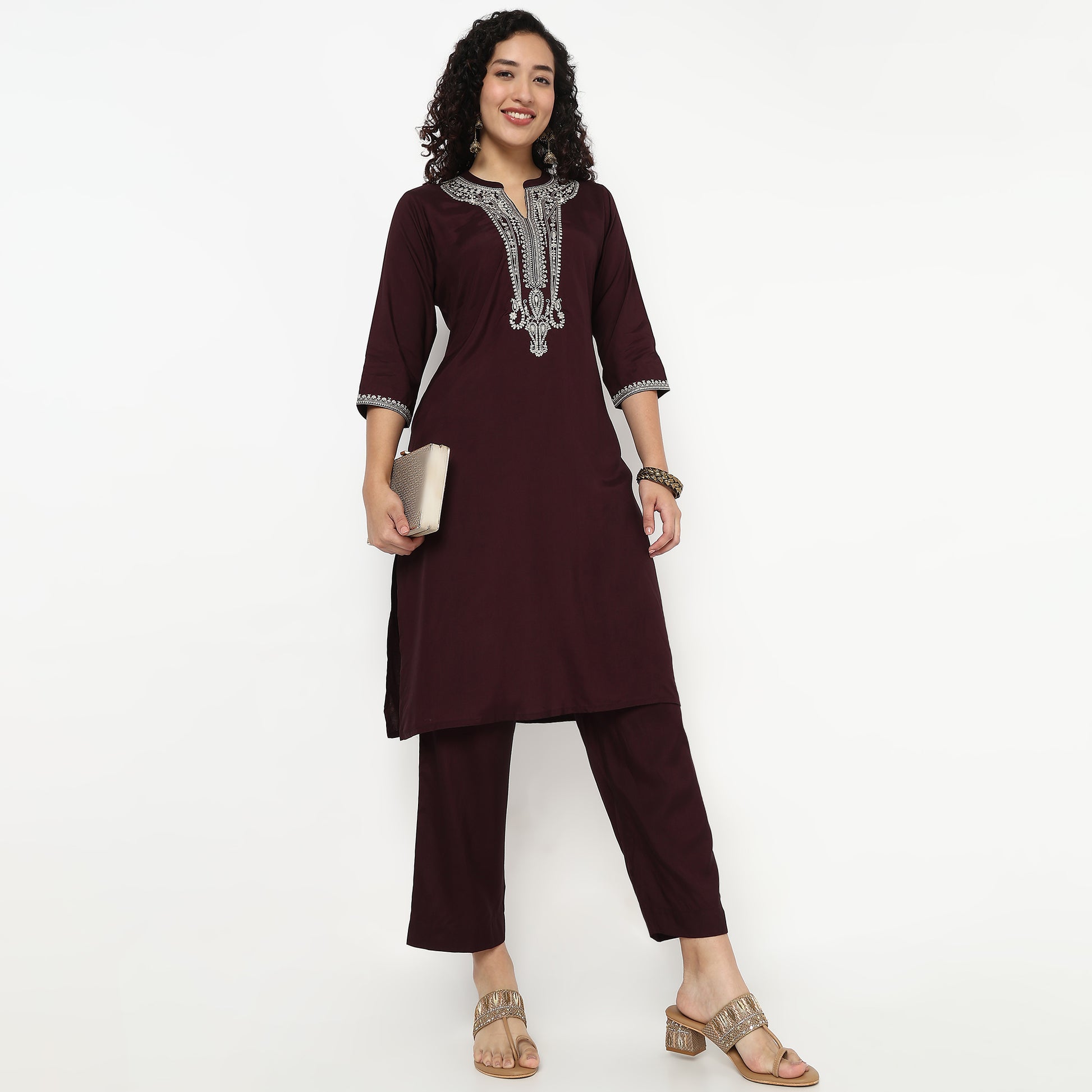 Band Collar Embroidered Kurta and Pant Set