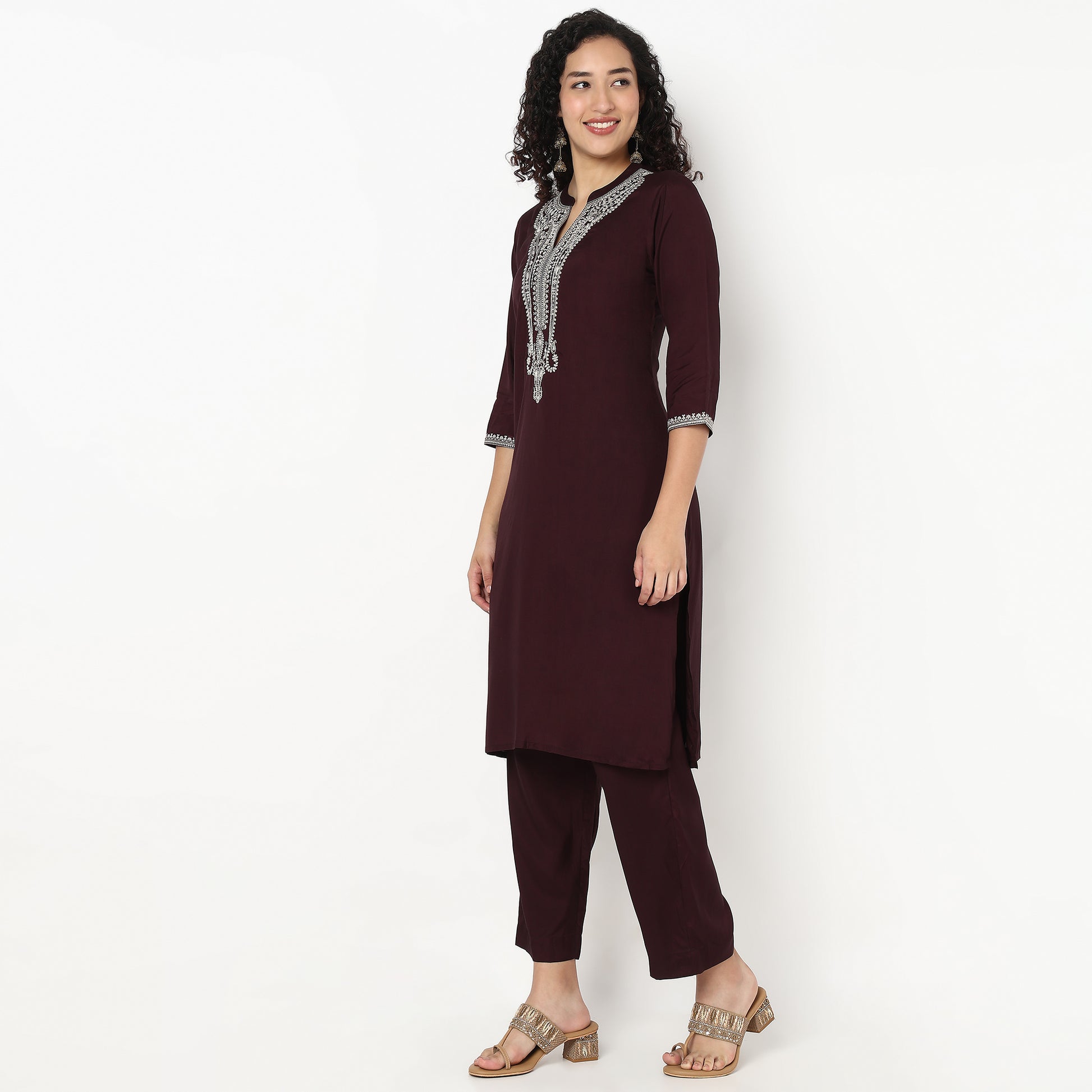 Band Collar Embroidered Kurta and Pant Set