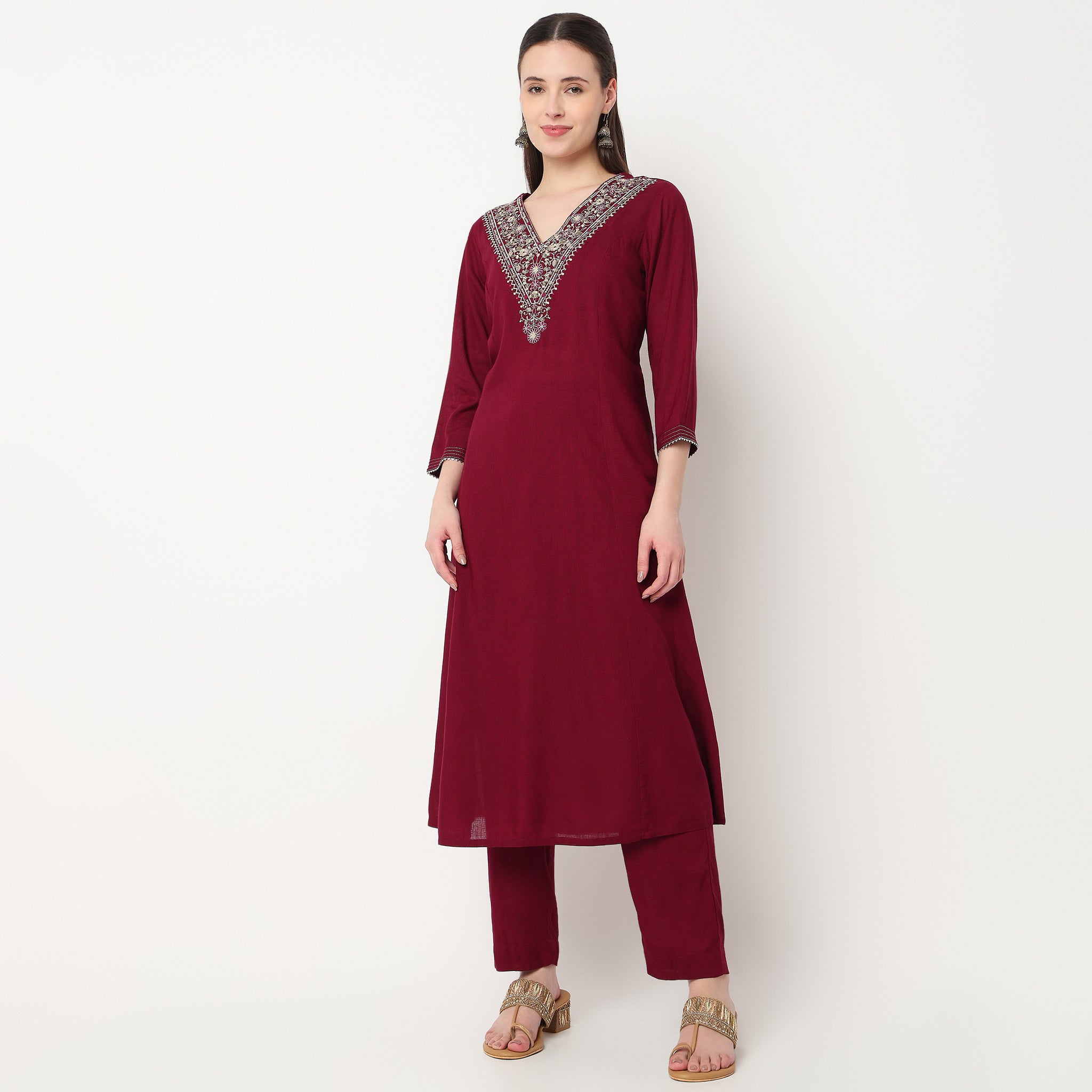 Embroidered V-Neck Kalidar Kurta with Pant Set