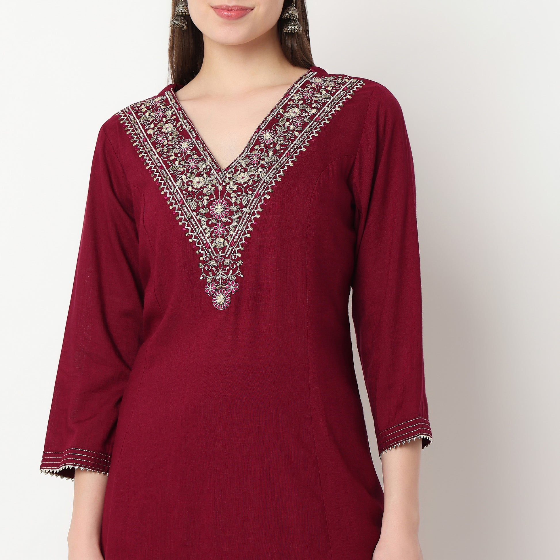 Embroidered V-Neck Kalidar Kurta with Pant Set