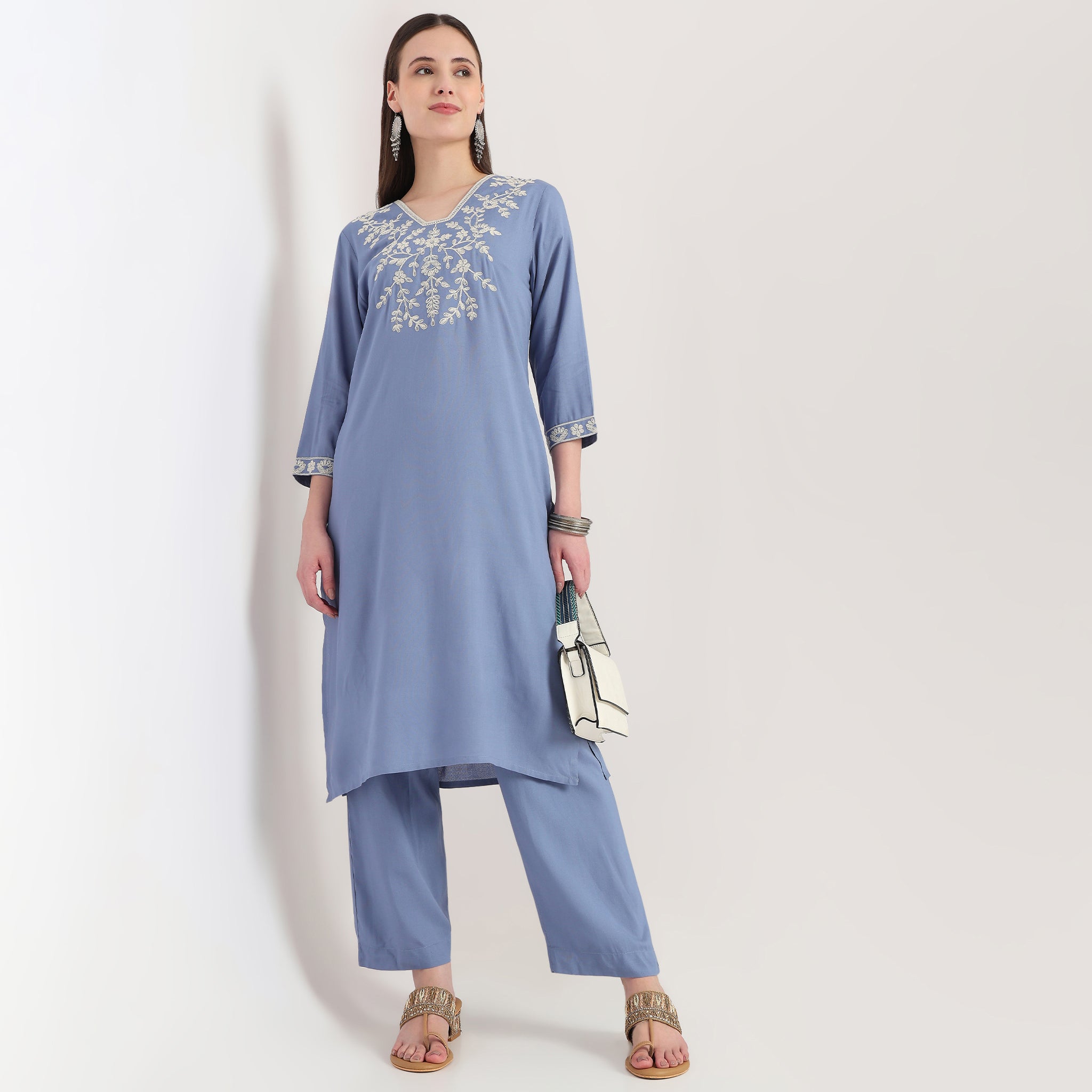 Embroidered V-Neck Straight Kurta with Pant Set