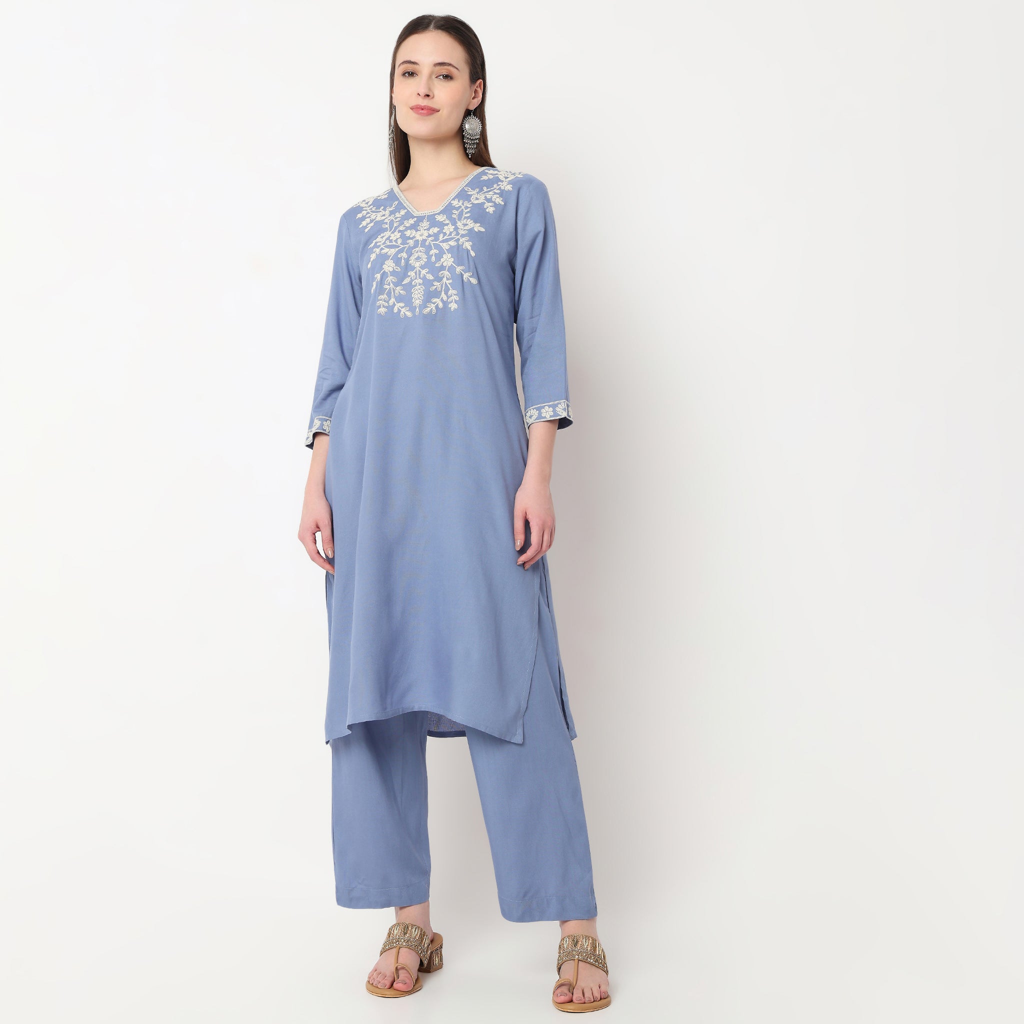 Embroidered V-Neck Straight Kurta with Pant Set