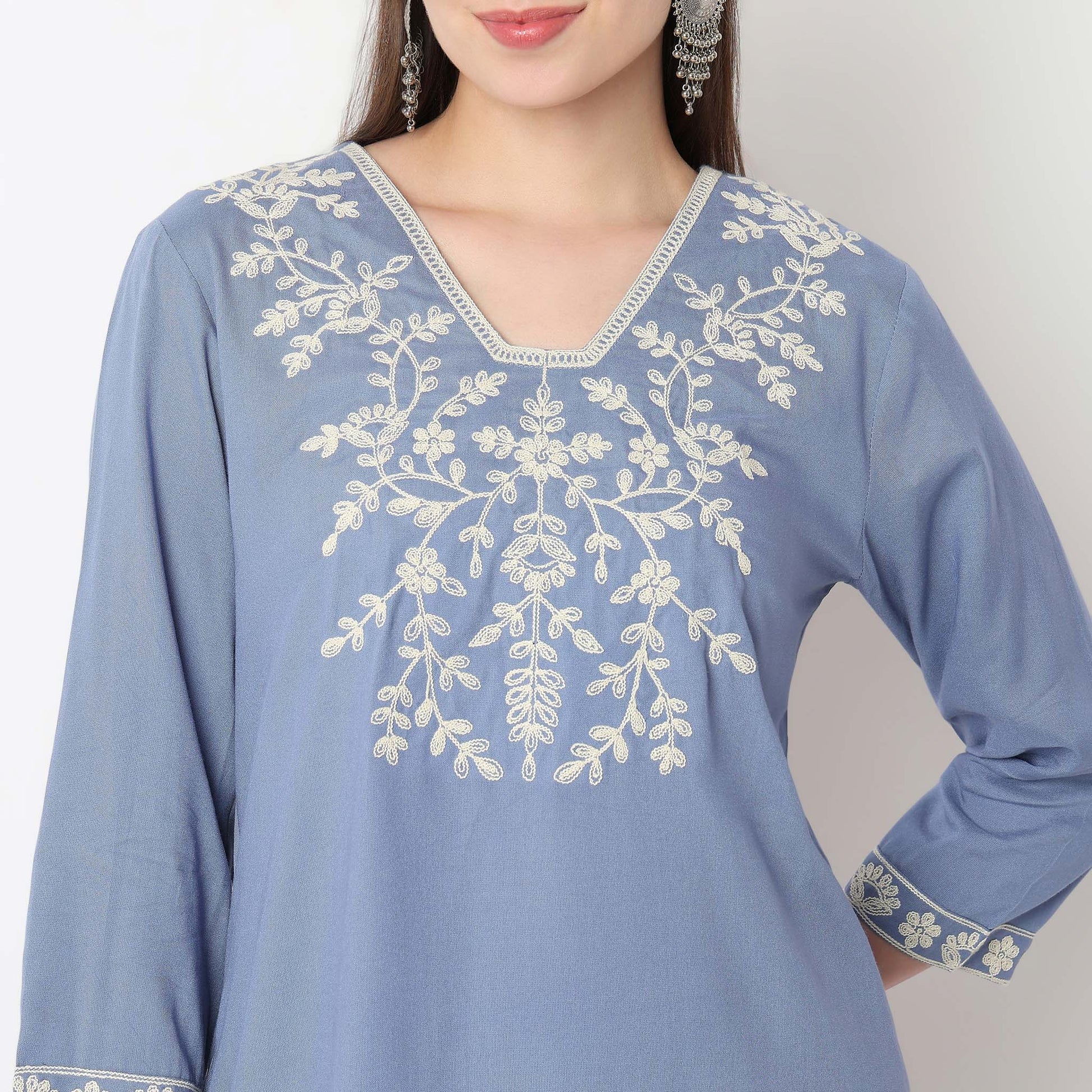Embroidered V-Neck Straight Kurta with Pant Set