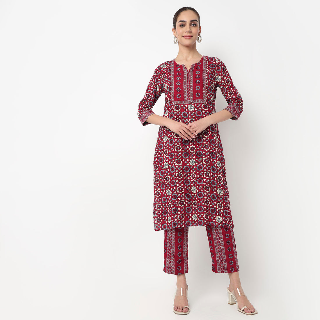 Printed Crew Neck Straight Kurta with Pant Set