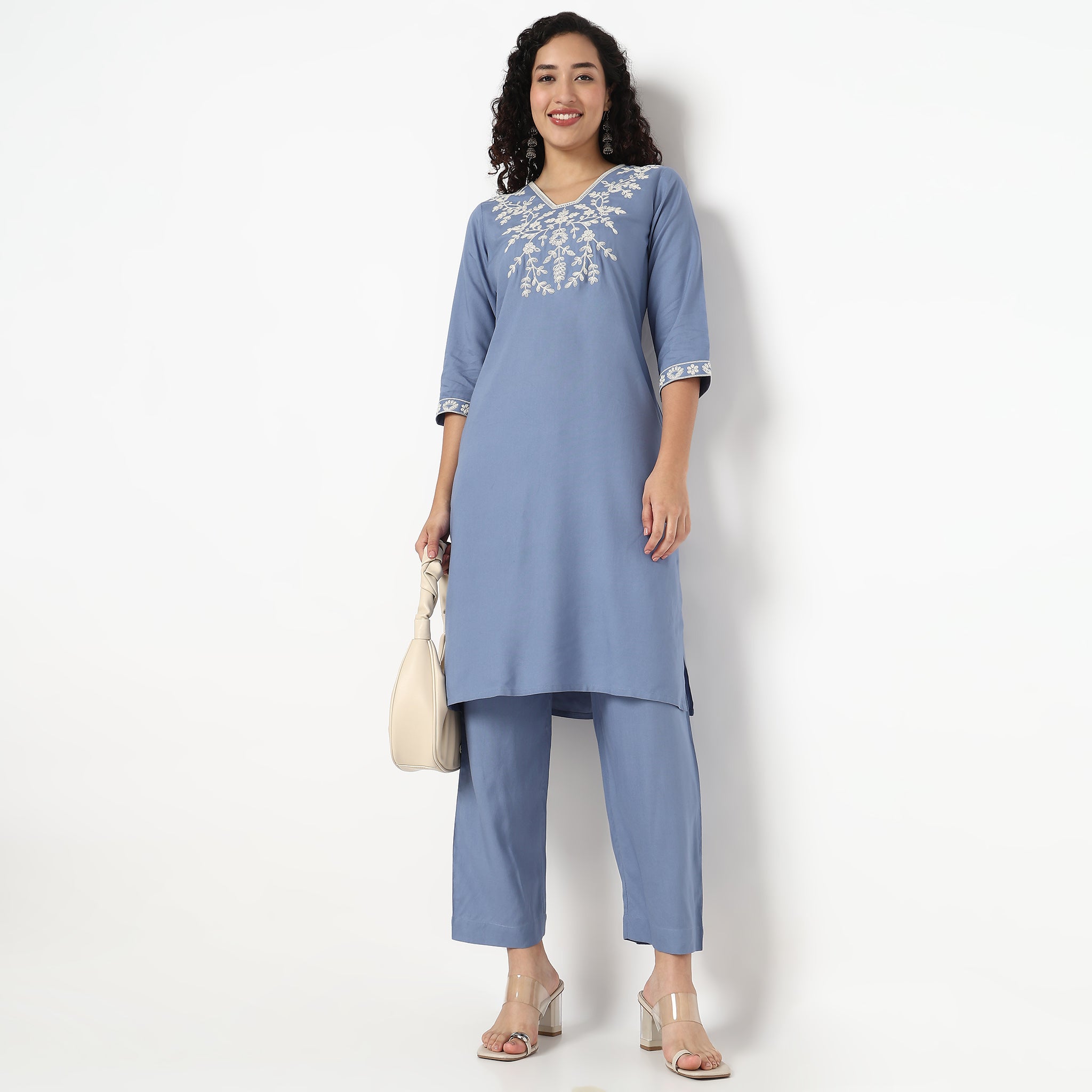 V-Neck Embroidered Kurta and Pant Set