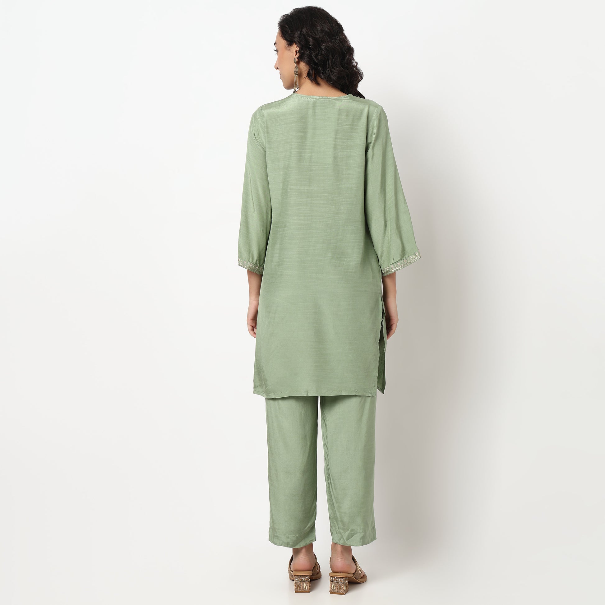 Buy Women Straight Fit Embroidered Three-Fourth Sleeve Kurta with Pant Set  - Style Union