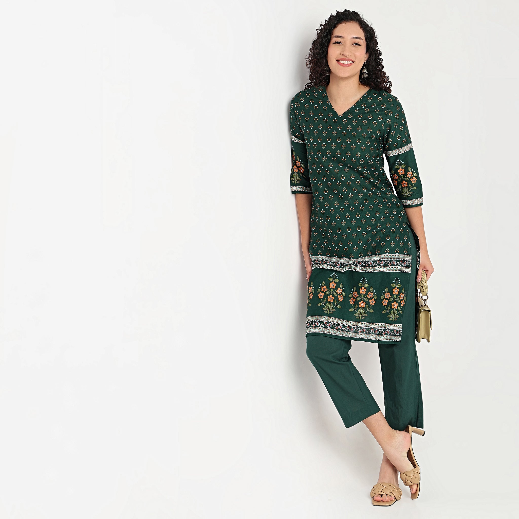 Printed V-Neck Straight Kurta with Pant Set