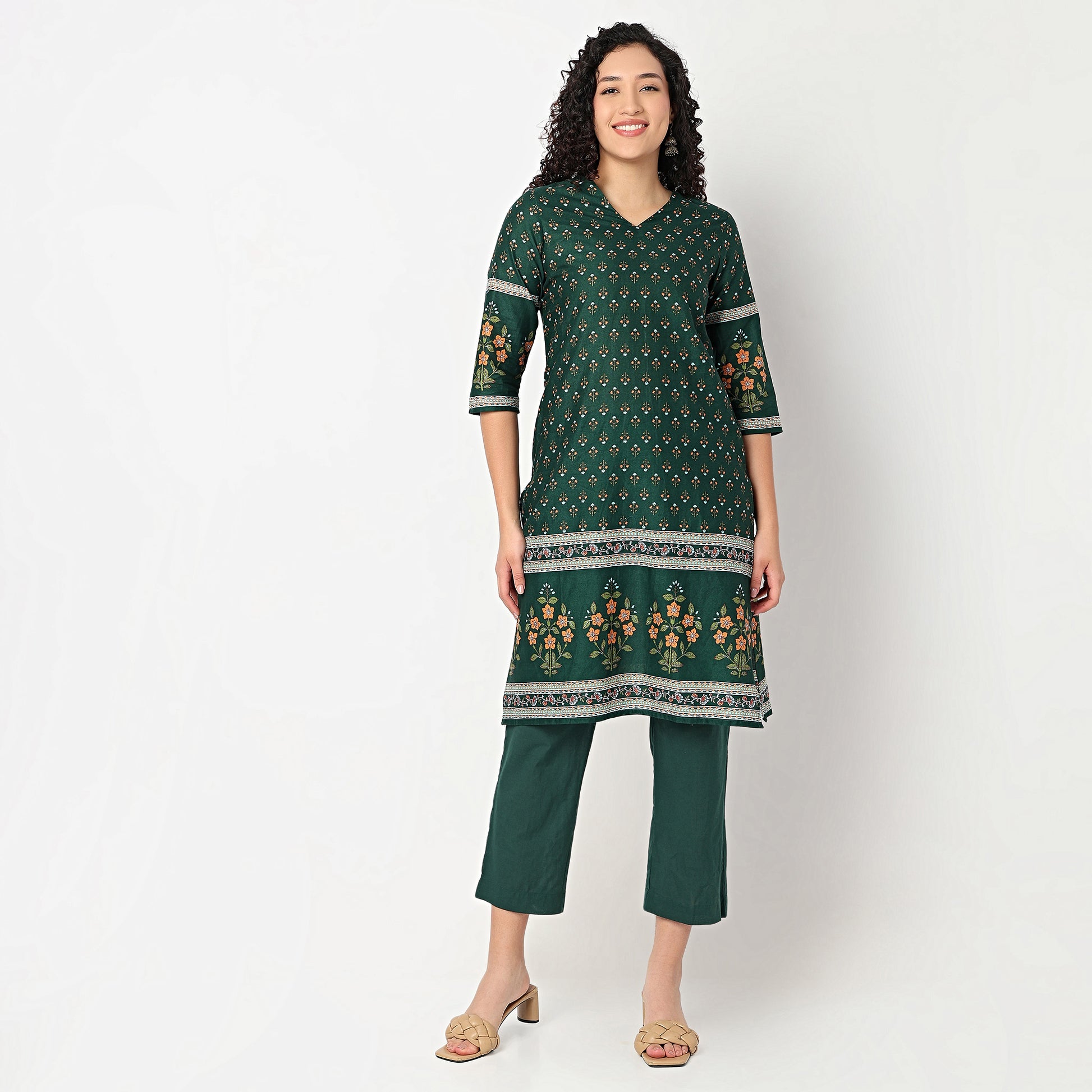 Printed V-Neck Straight Kurta with Pant Set