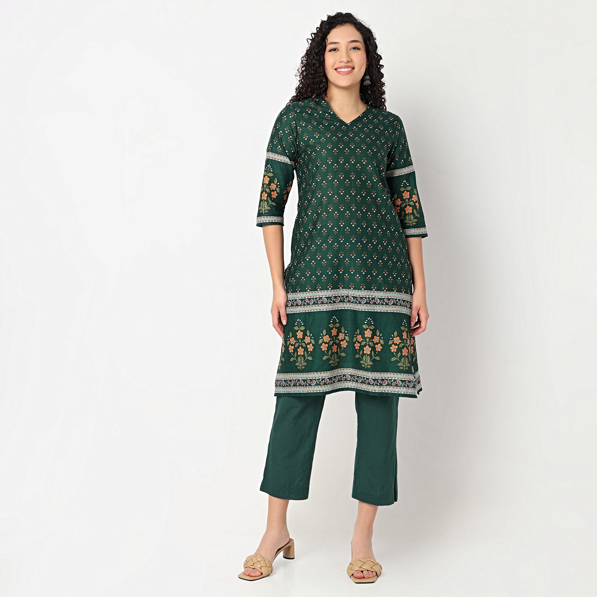 Printed V-Neck Straight Kurta with Pant Set