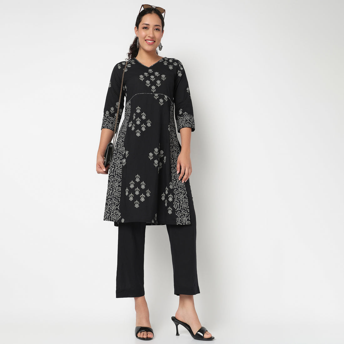 V Neck Printed A line Kurta Set