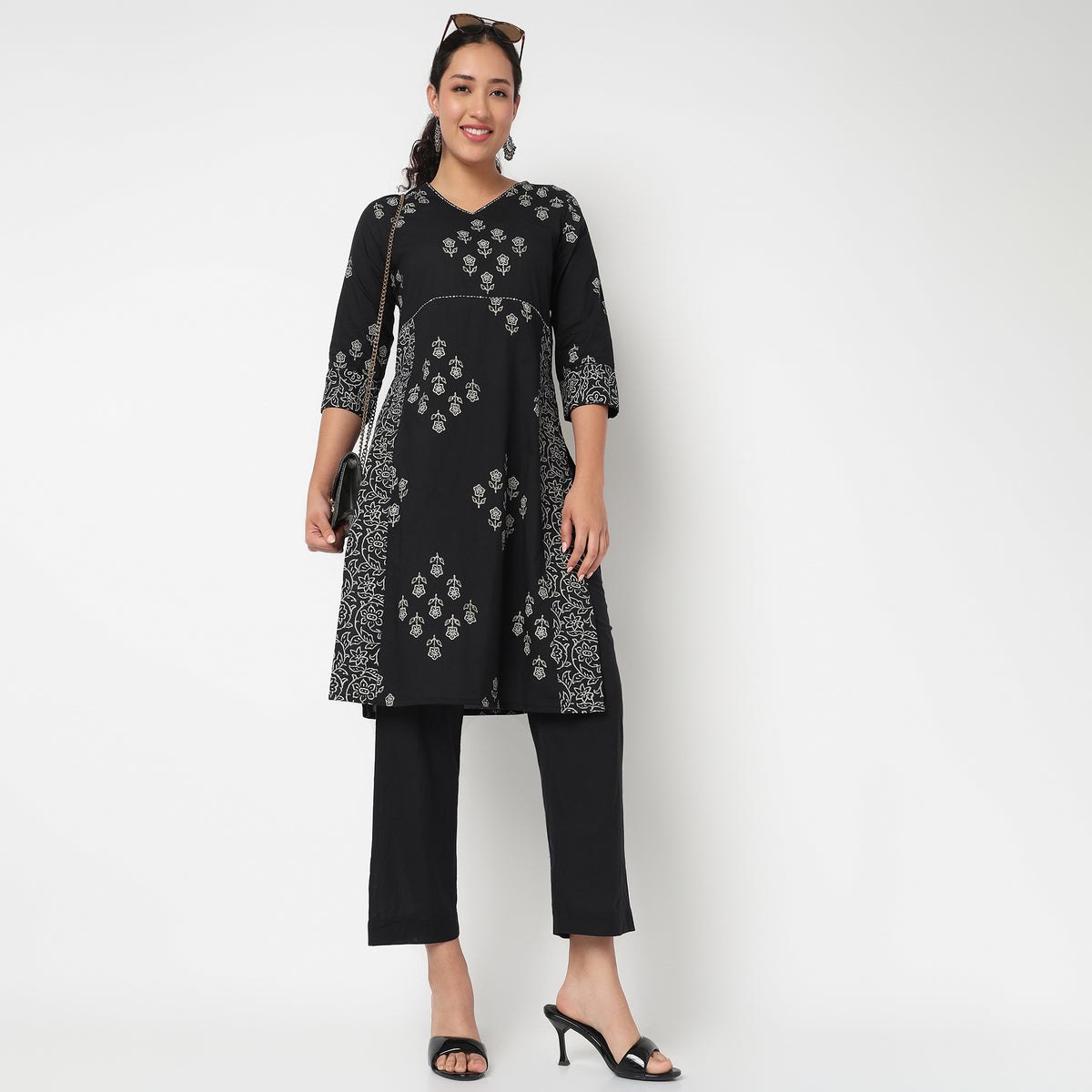 V Neck Printed A line Kurta Set