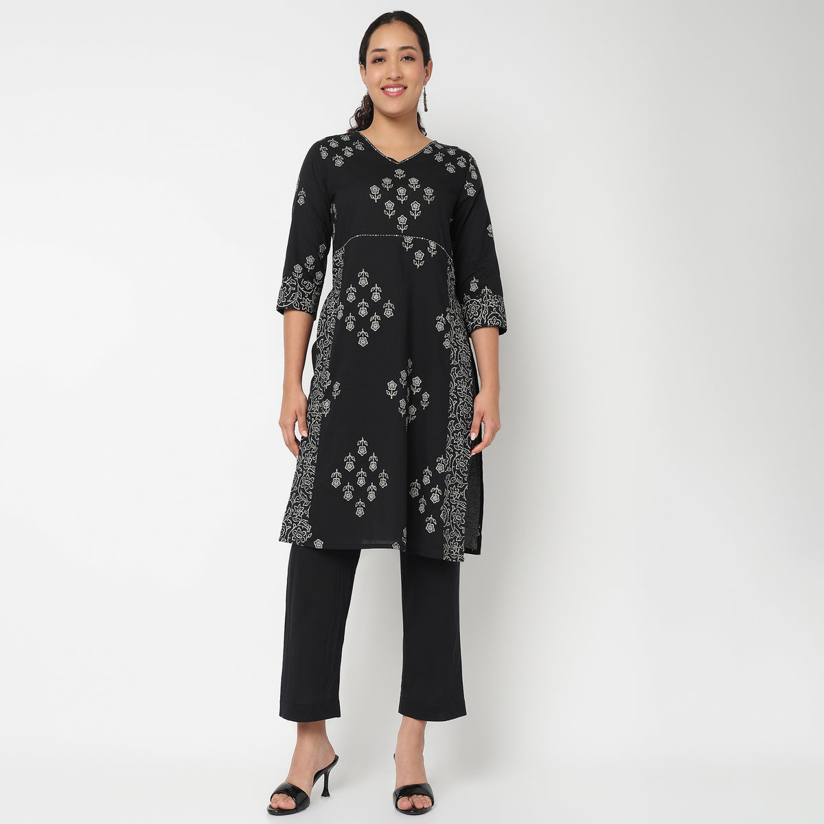 V Neck Printed A line Kurta Set