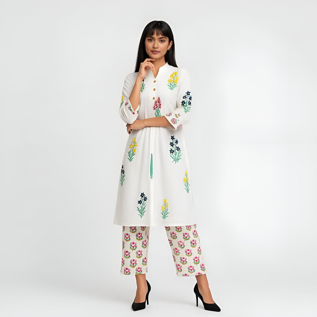 Band Collar Prinetd Flared Kurta and Pant Set