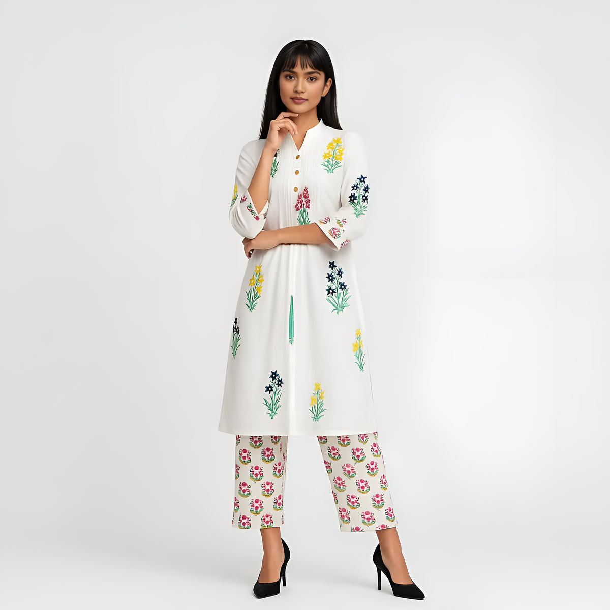 Band Collar Prinetd Flared Kurta and Pant Set