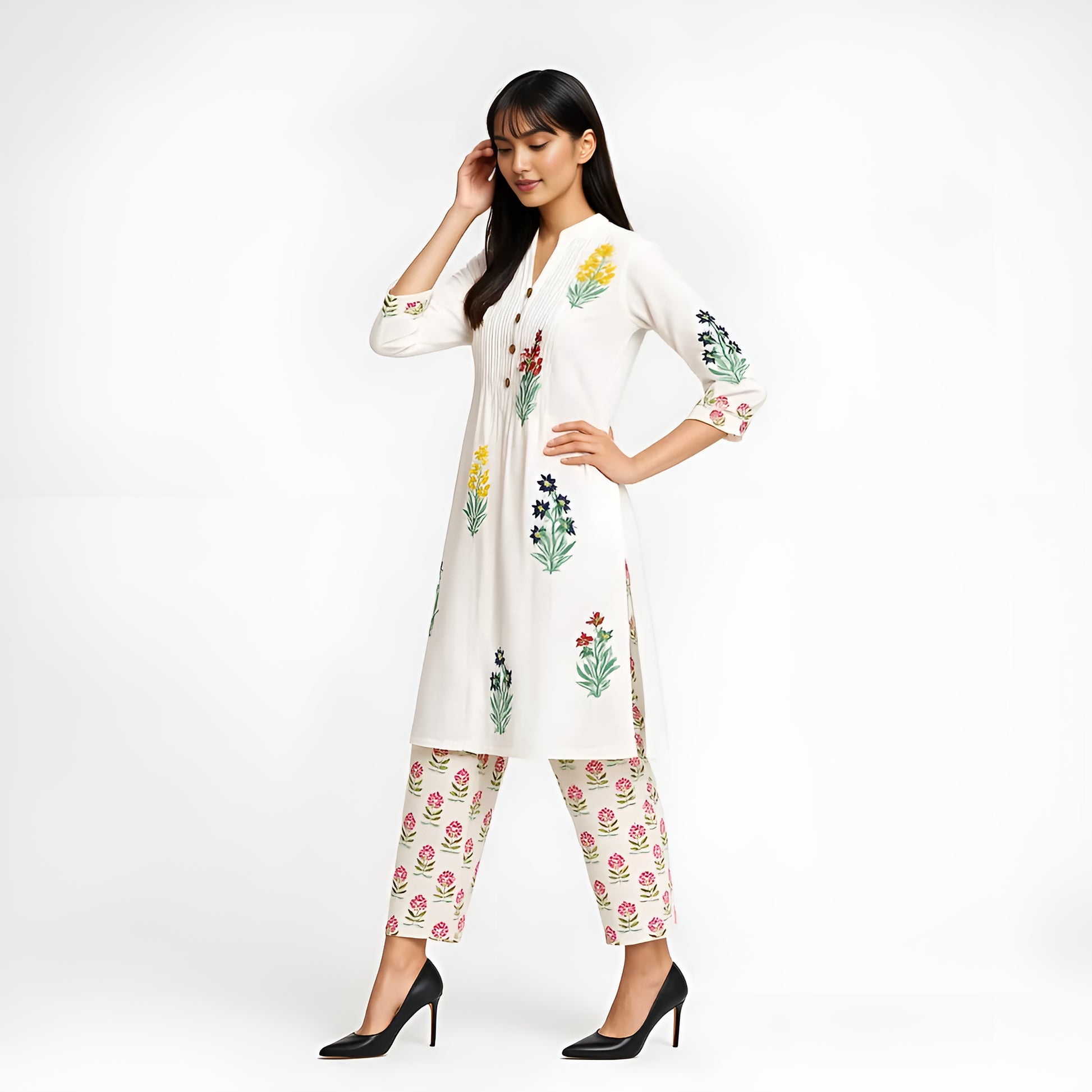 Band Collar Prinetd Flared Kurta and Pant Set