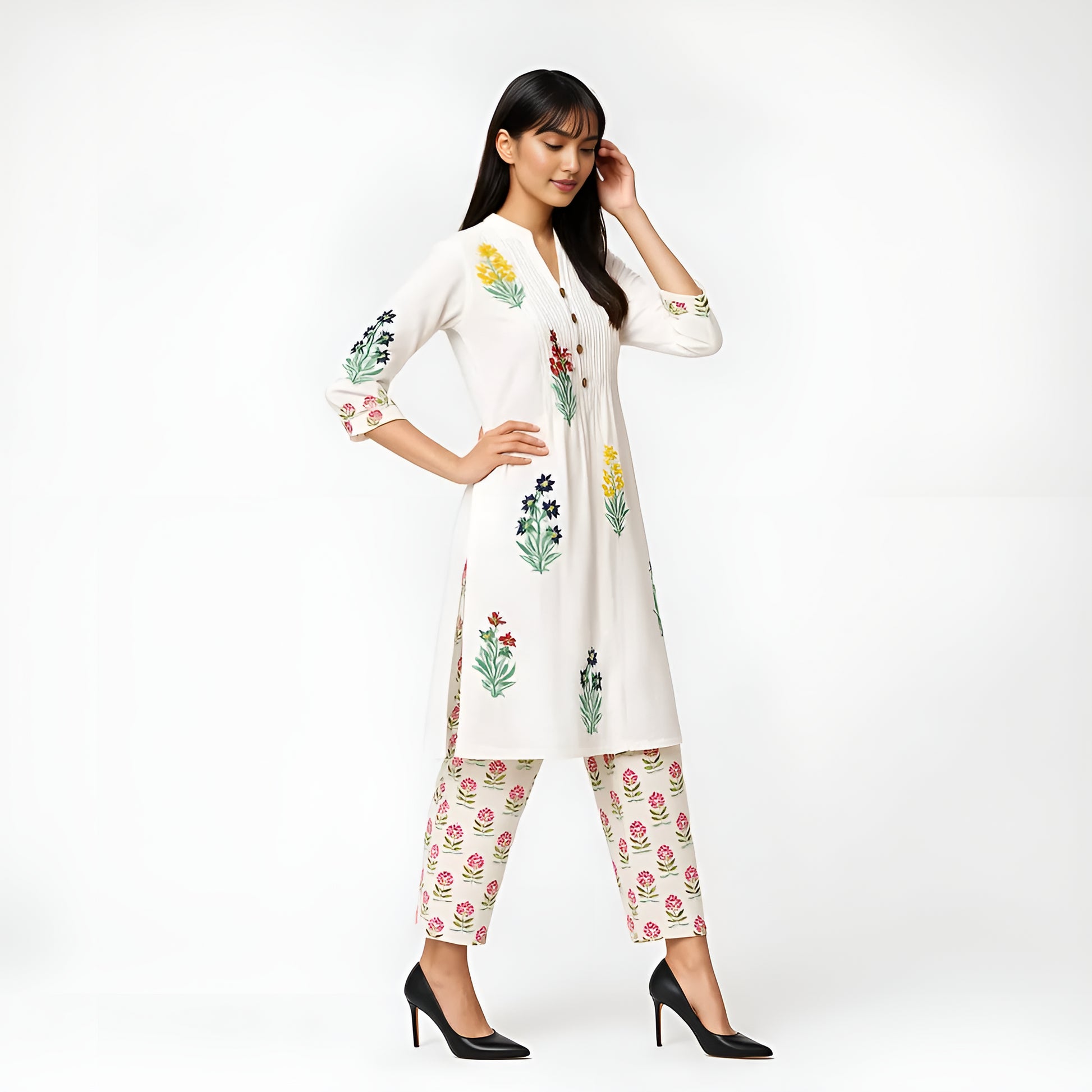 Band Collar Prinetd Flared Kurta and Pant Set