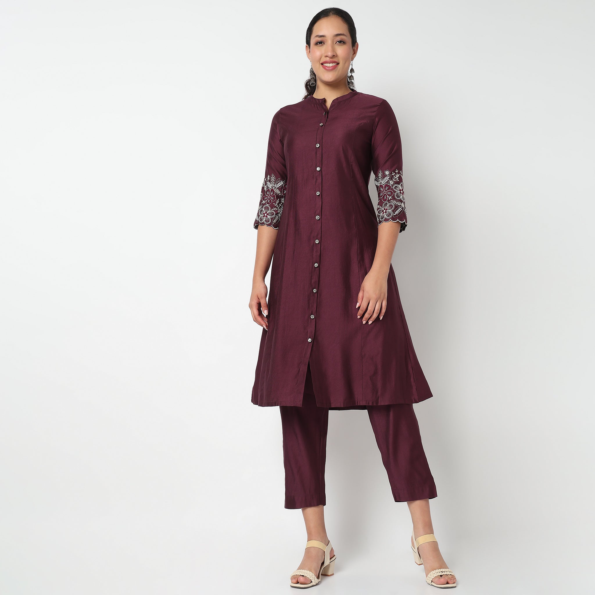 Full Placket Emroidered A line Kurta Set