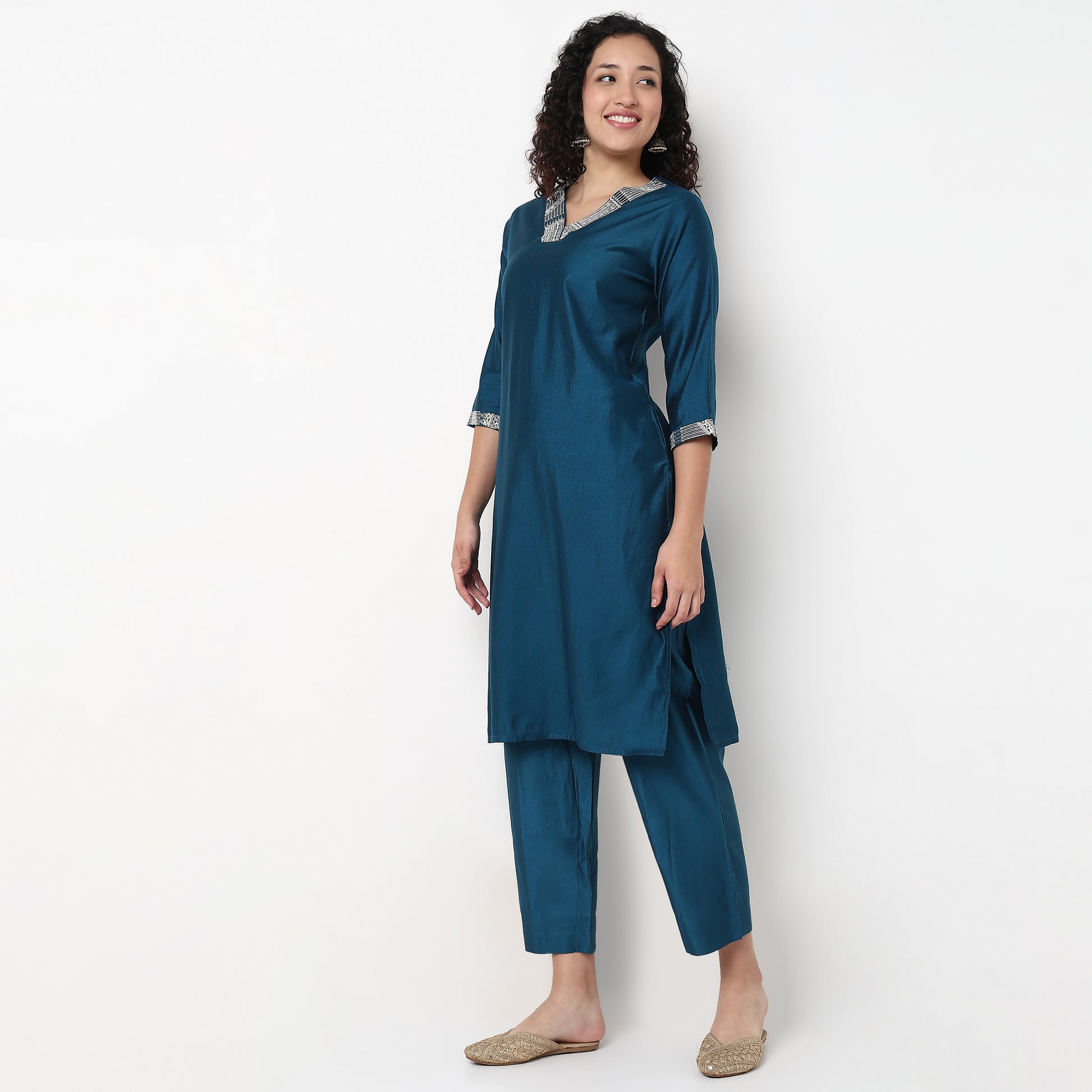 V-Neck Embroidered Kurta and Pant Set