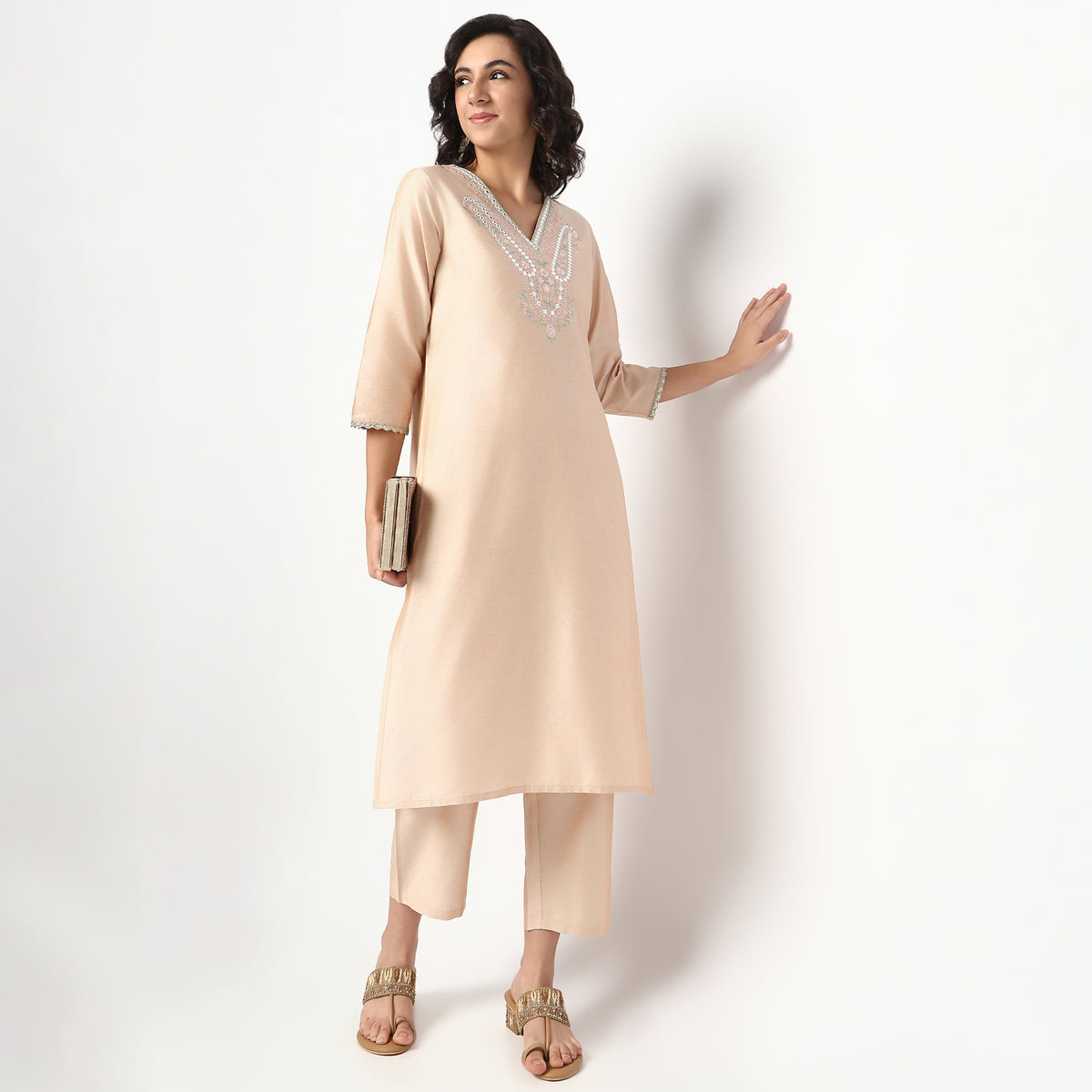 Buy Women Straight Fit Embroidered Three-Fourth Sleeve Kurta with Pant Set  - Style Union