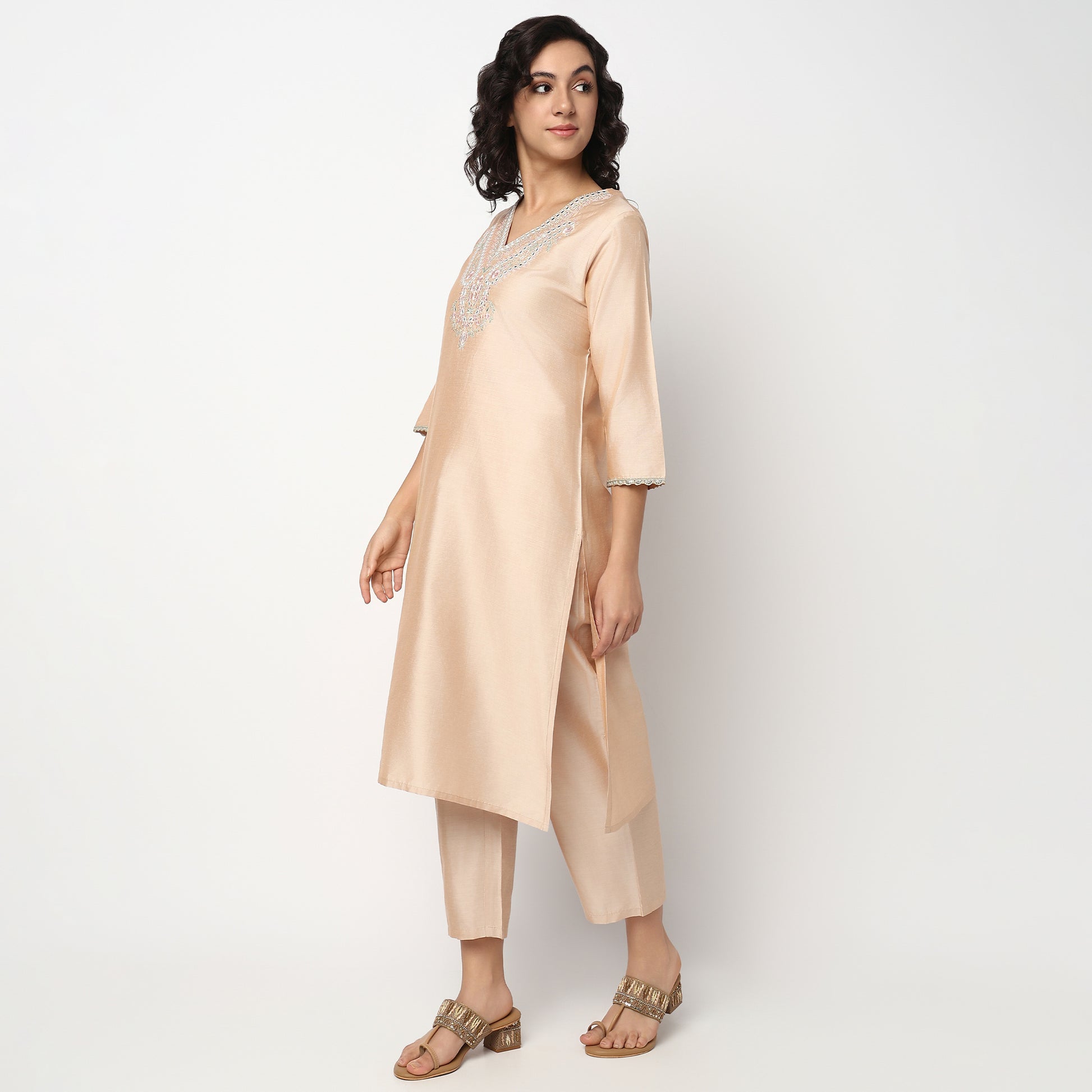 Buy Women Straight Fit Embroidered Three-Fourth Sleeve Kurta with Pant Set  - Style Union