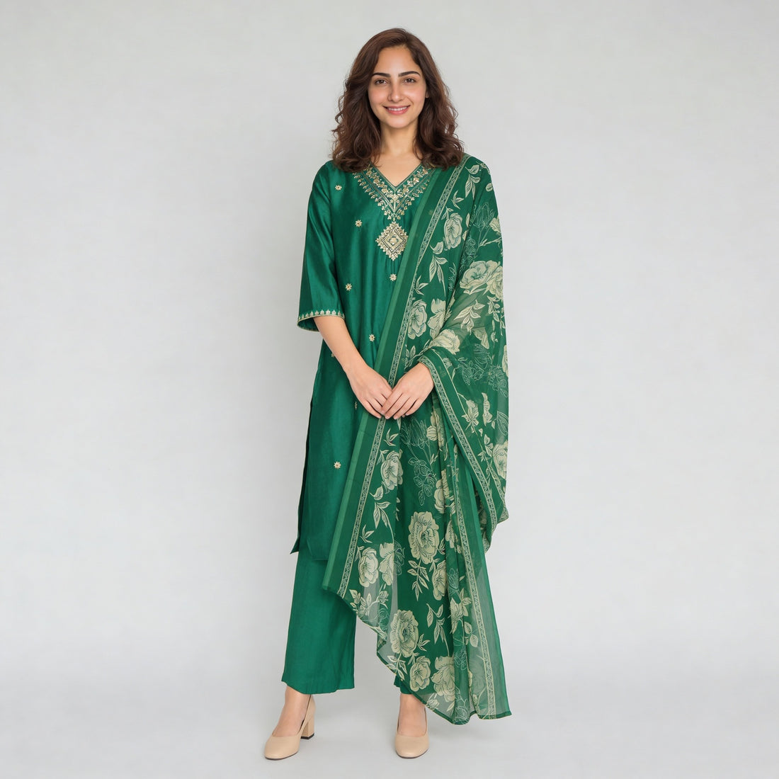 Embellished V-Neck Straight Kurta with Pant & Dupatta Set