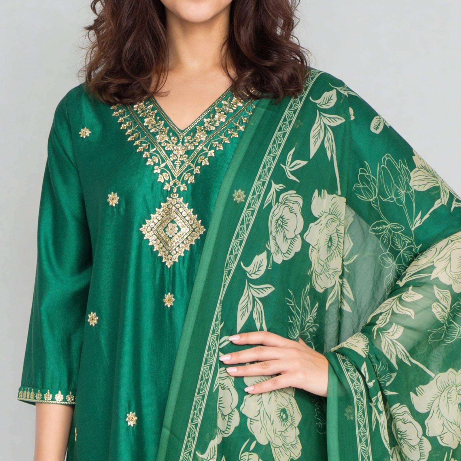 Embellished V-Neck Straight Kurta with Pant & Dupatta Set